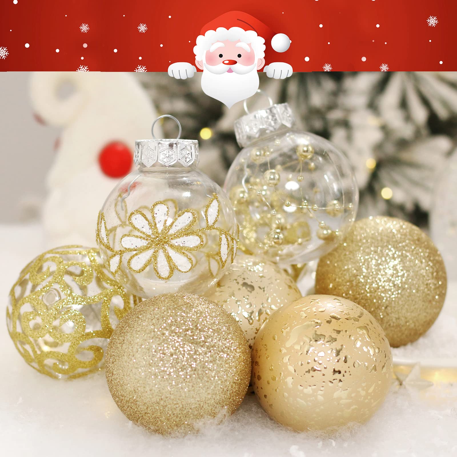 30 Count Champagne Gold and Clear Christmas Ornaments Set
