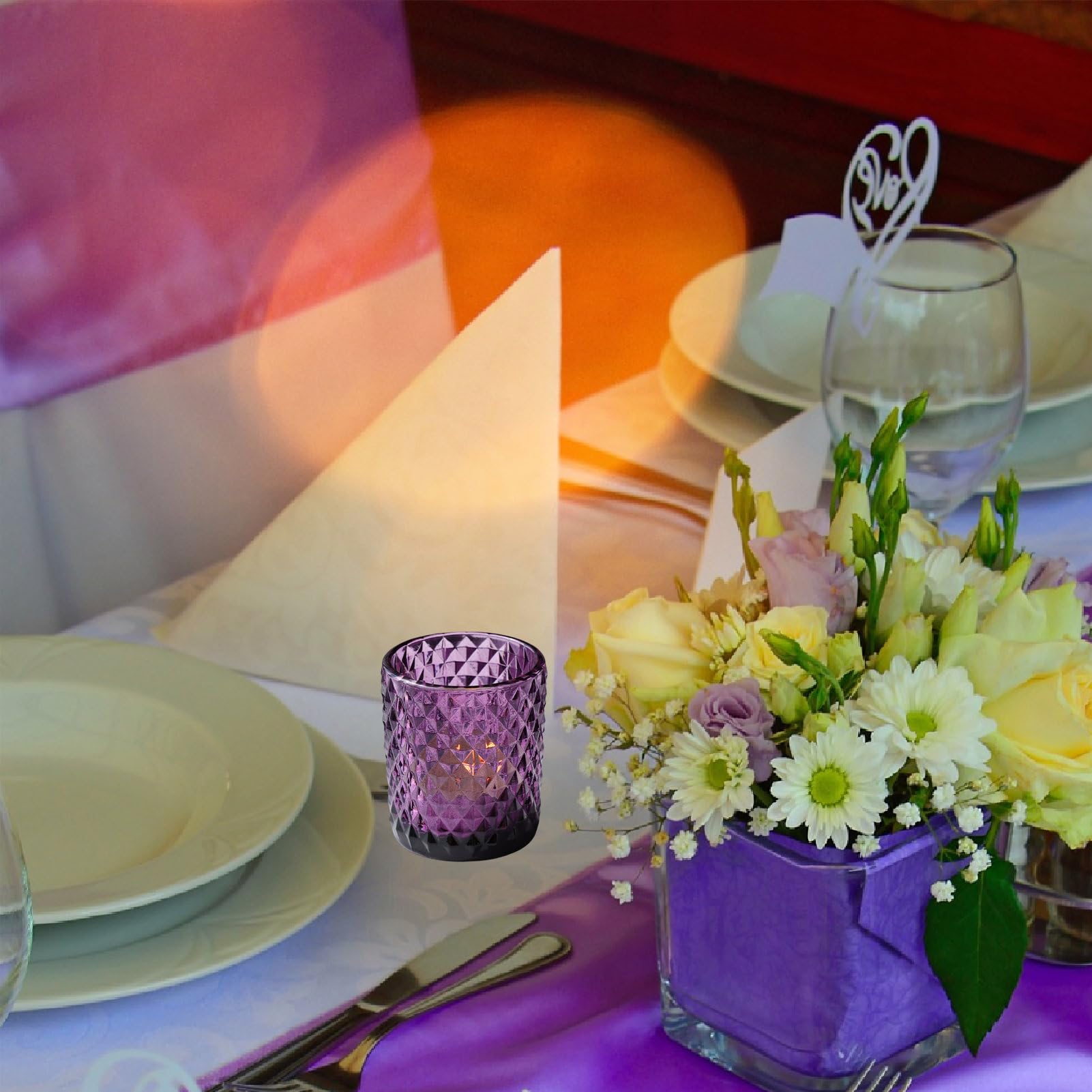 12pcs Purple Vintage Glass Diamond Pattern Votive Candle Holders