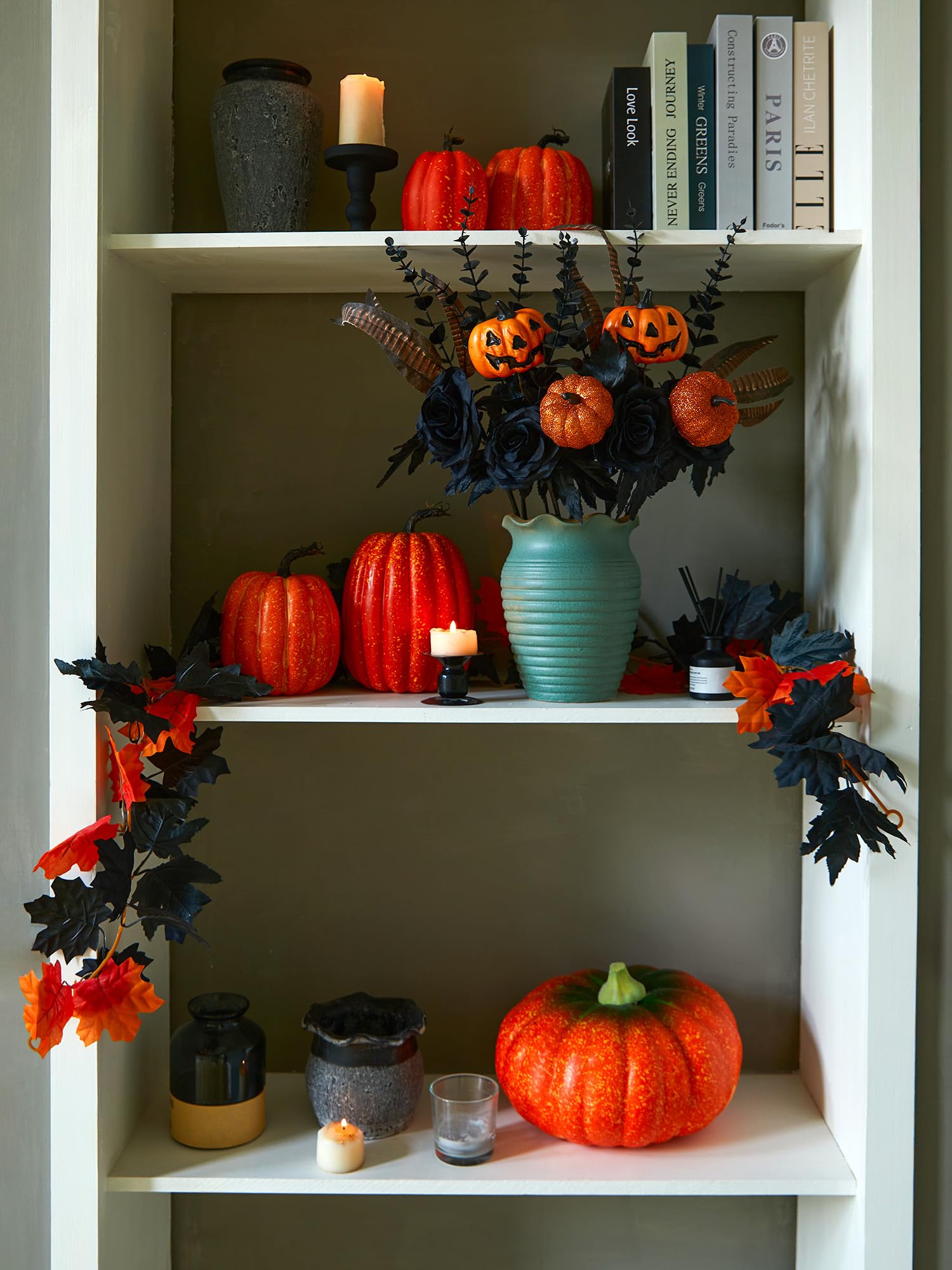 Halloween shelf decor displays with black roses