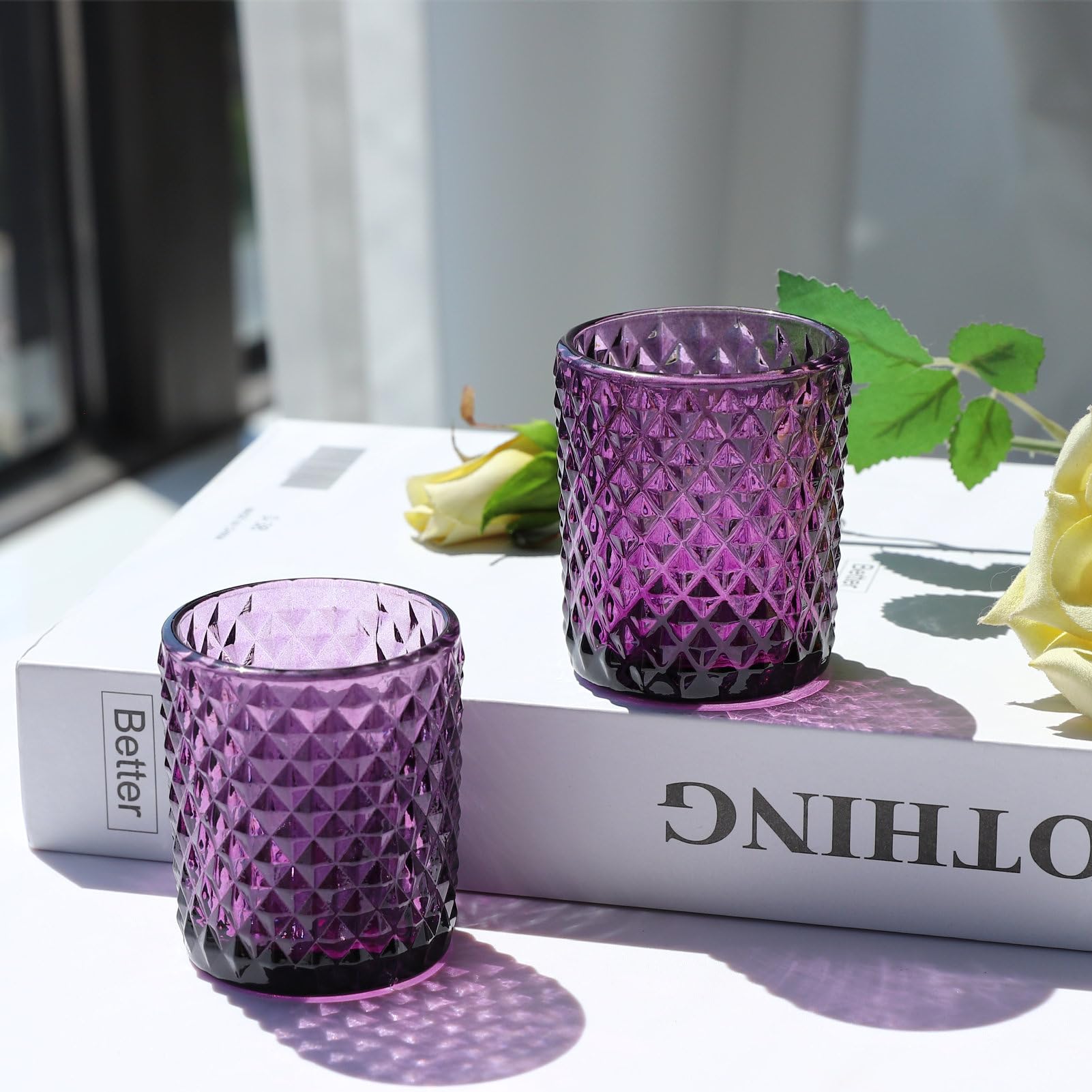 12pcs Purple Vintage Glass Diamond Pattern Votive Candle Holders