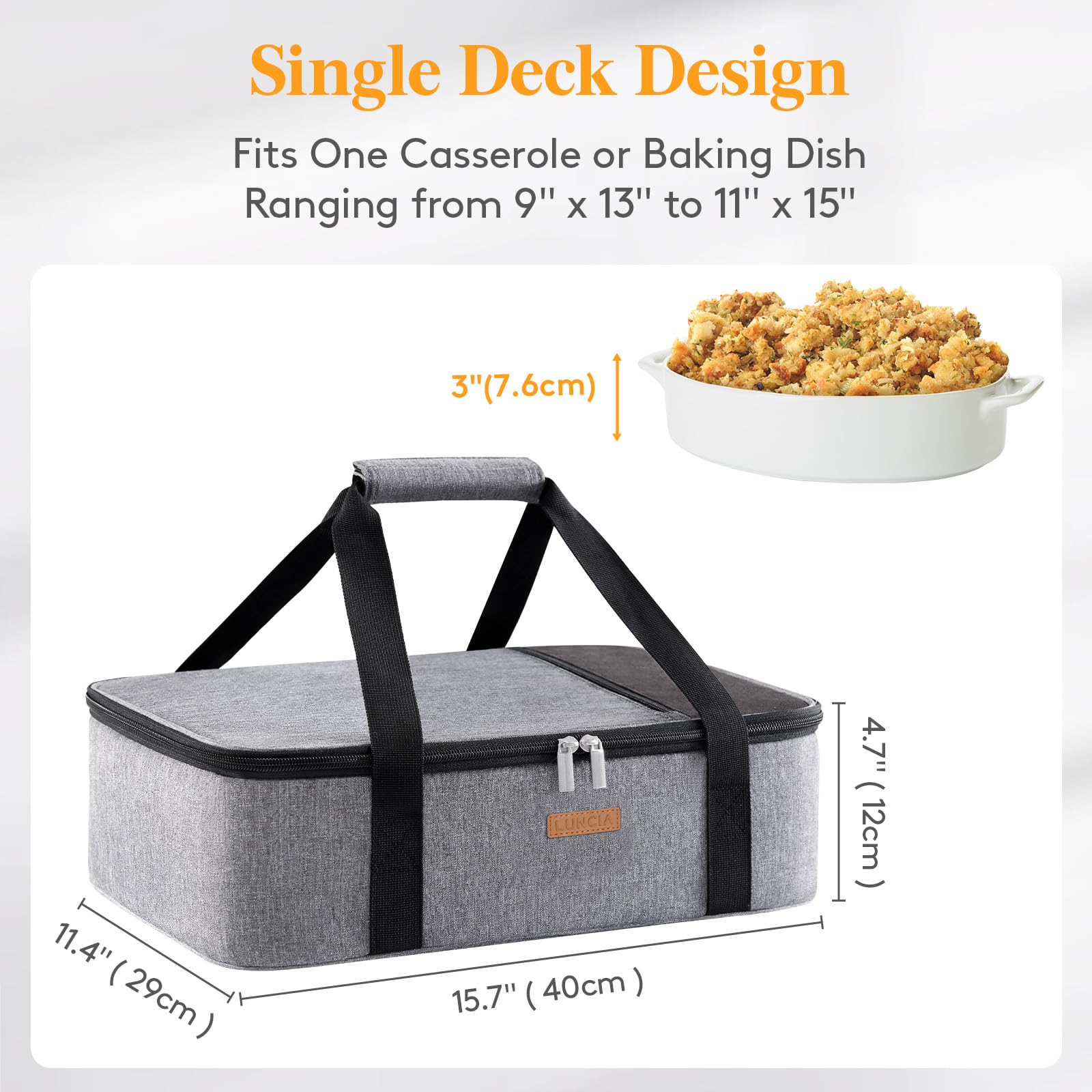 Gray Insulated Casserole Carrier Single Deck Design for one Casserole or Baking Dish