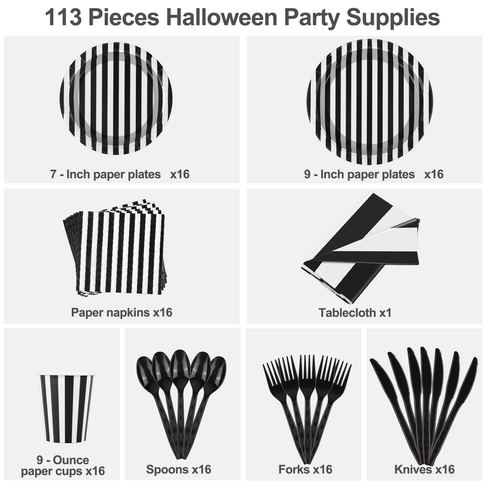 113 Pieces Black and White Striped Disposable Party Supplies