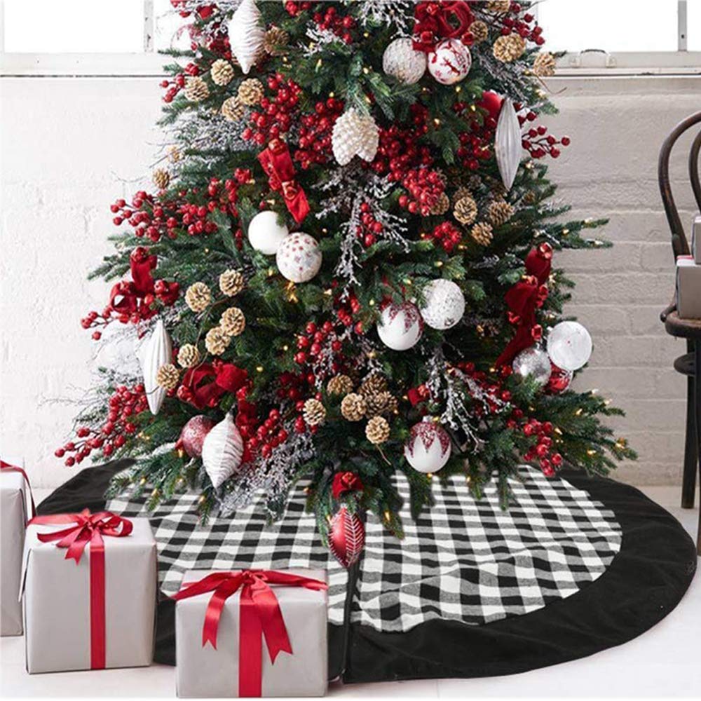 Black and White Buffalo Plaid Check Christmas Tree Skirt 48 inches