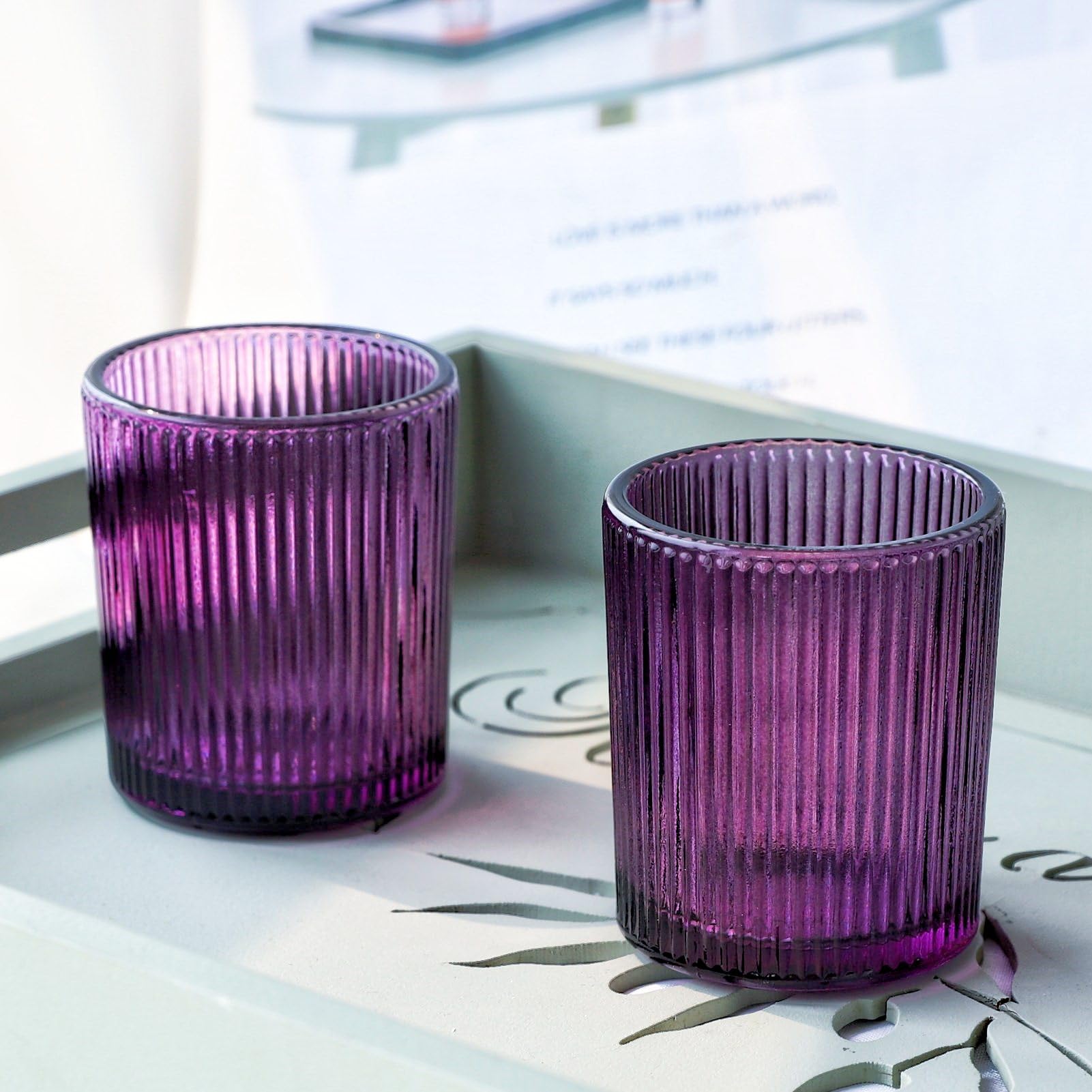 12pcs Purple Ribbed Votive Candle Holders