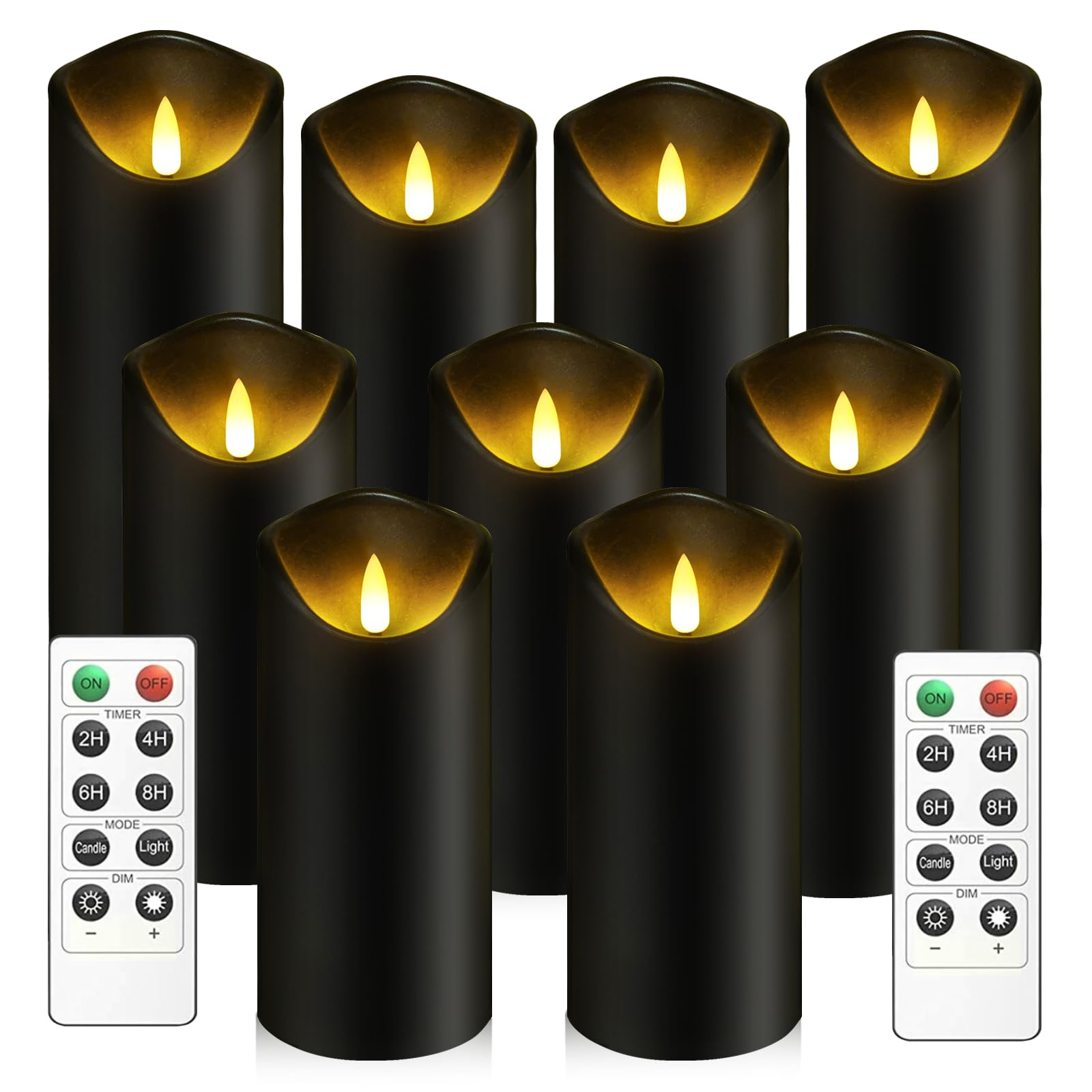 Set of 9 Black Flickering Flameless Candles, Battery Operated