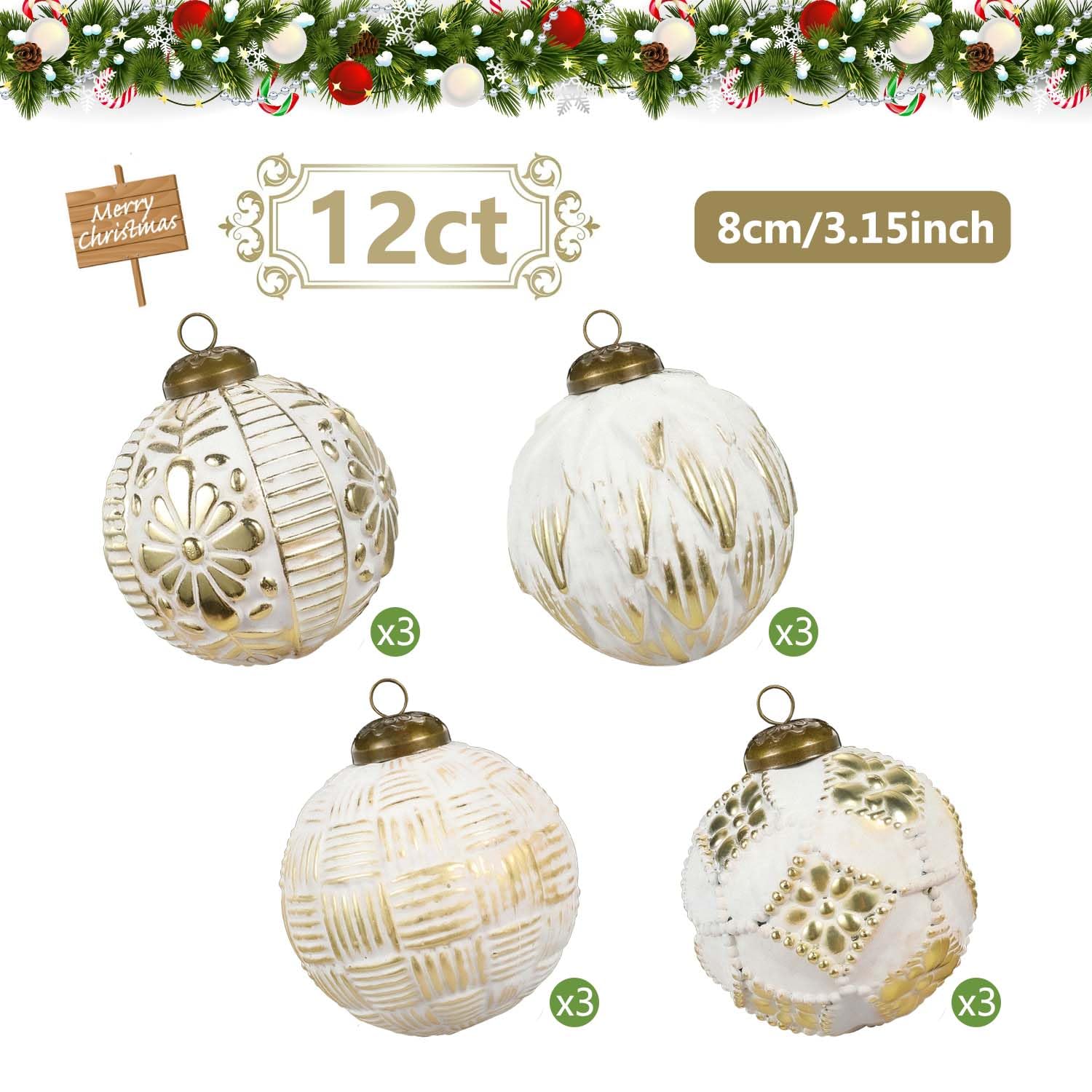 4 different designs of 12 pack gold white Christmas ornaments