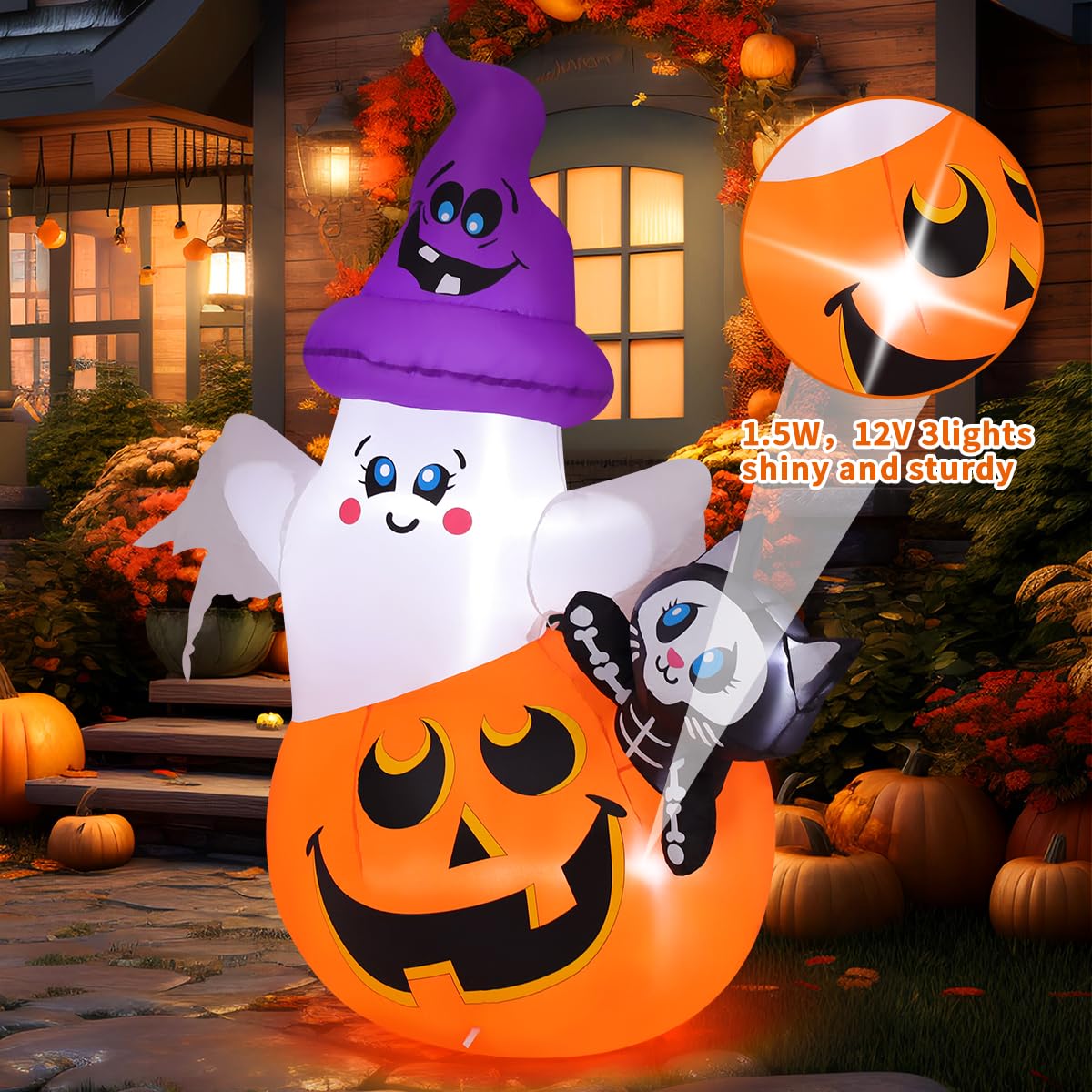 Halloween inflatable decoration with ghost and pumpkin design in front of a house.