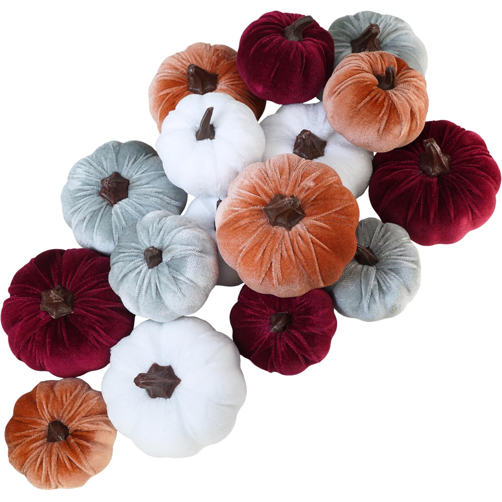 16 Pcs Assorted Fall Burgundy & White Velvet Pumpkins Small Fabric Pumpkins