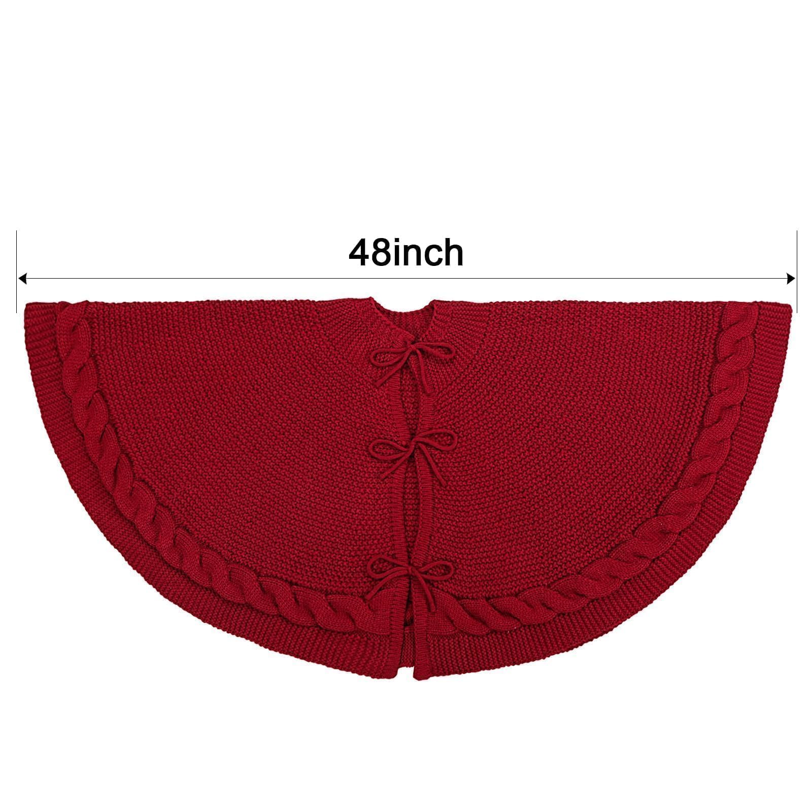 48 inch red knitted Christmas tree skirt with cable knit pattern