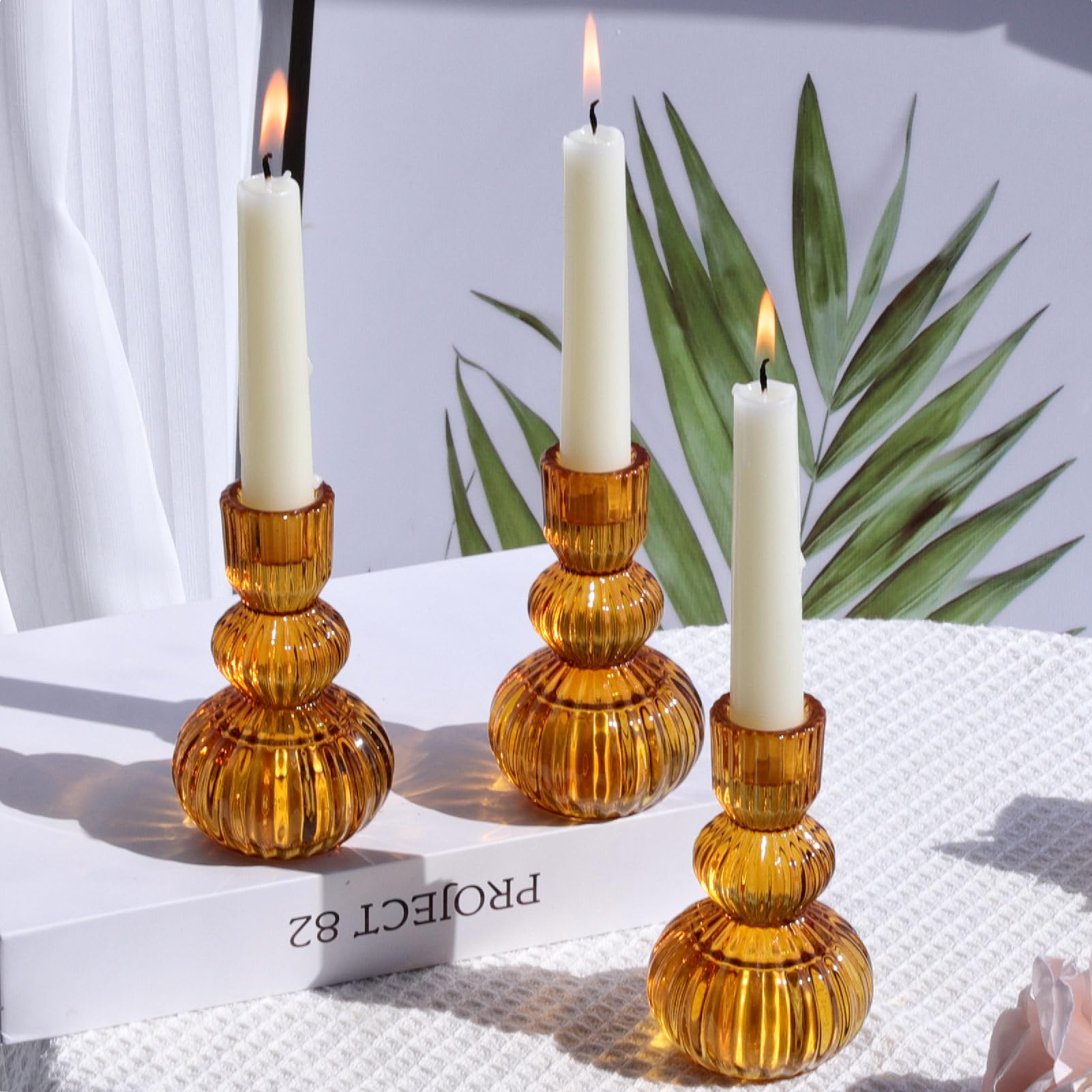 Set of 3 Ribbed Glass Amber Taper Candlestick Holders