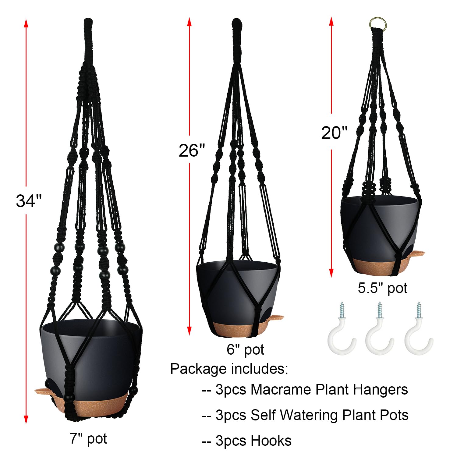 3 Pack Black Self Watering Macrame Hanging Planters