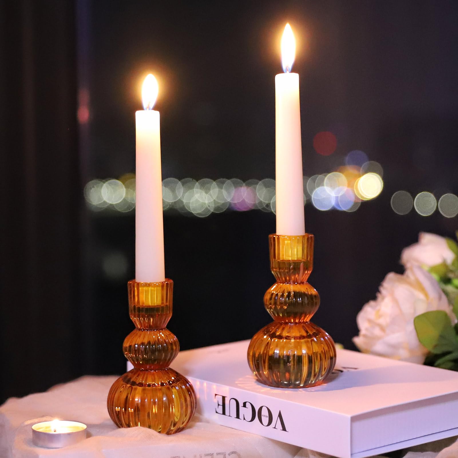 amber glass candlestick holders