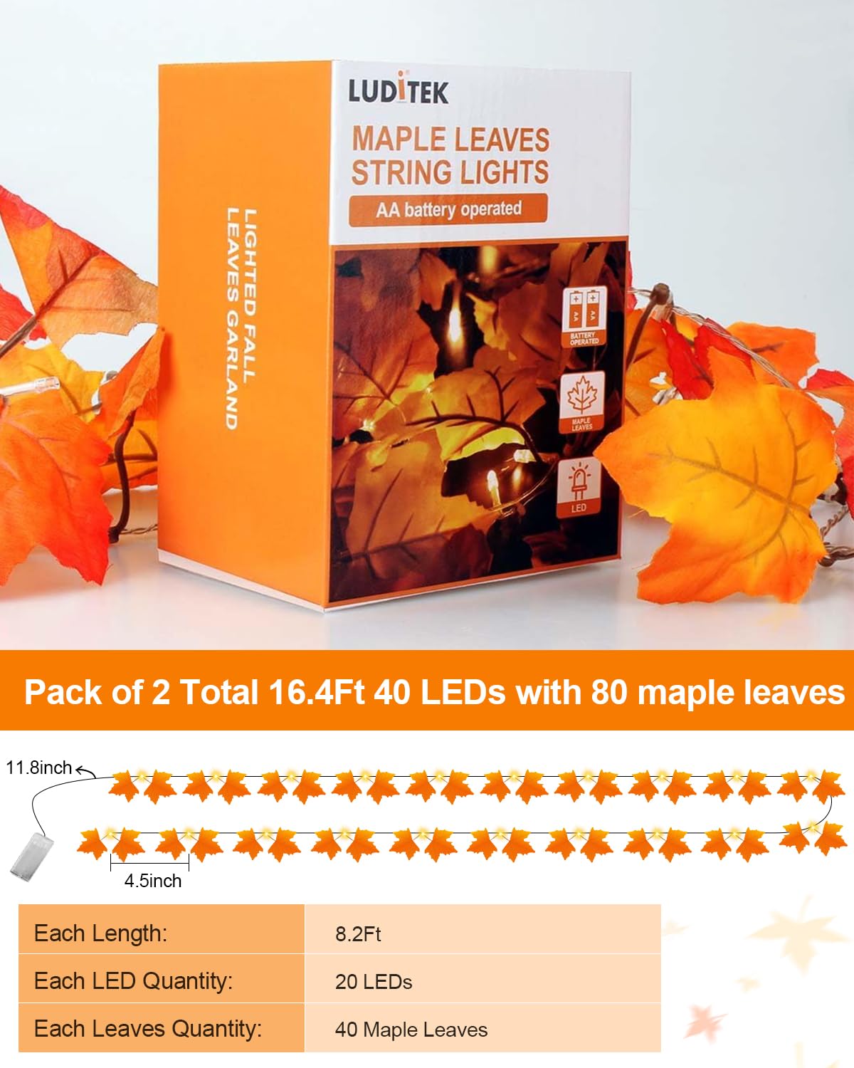 2 Pack Lighted Fall Leaf Garland, 40 LED Indoor String Lights