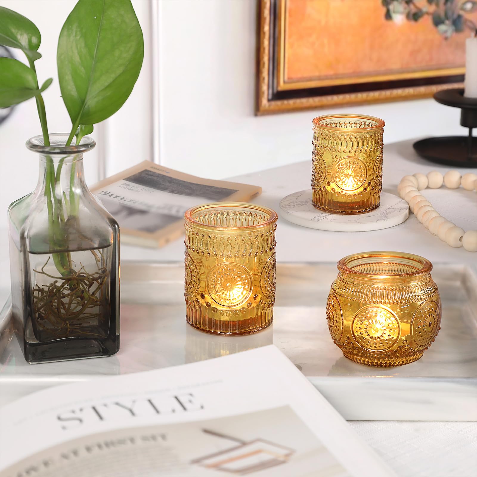 Amber Glass Candle Holder Set