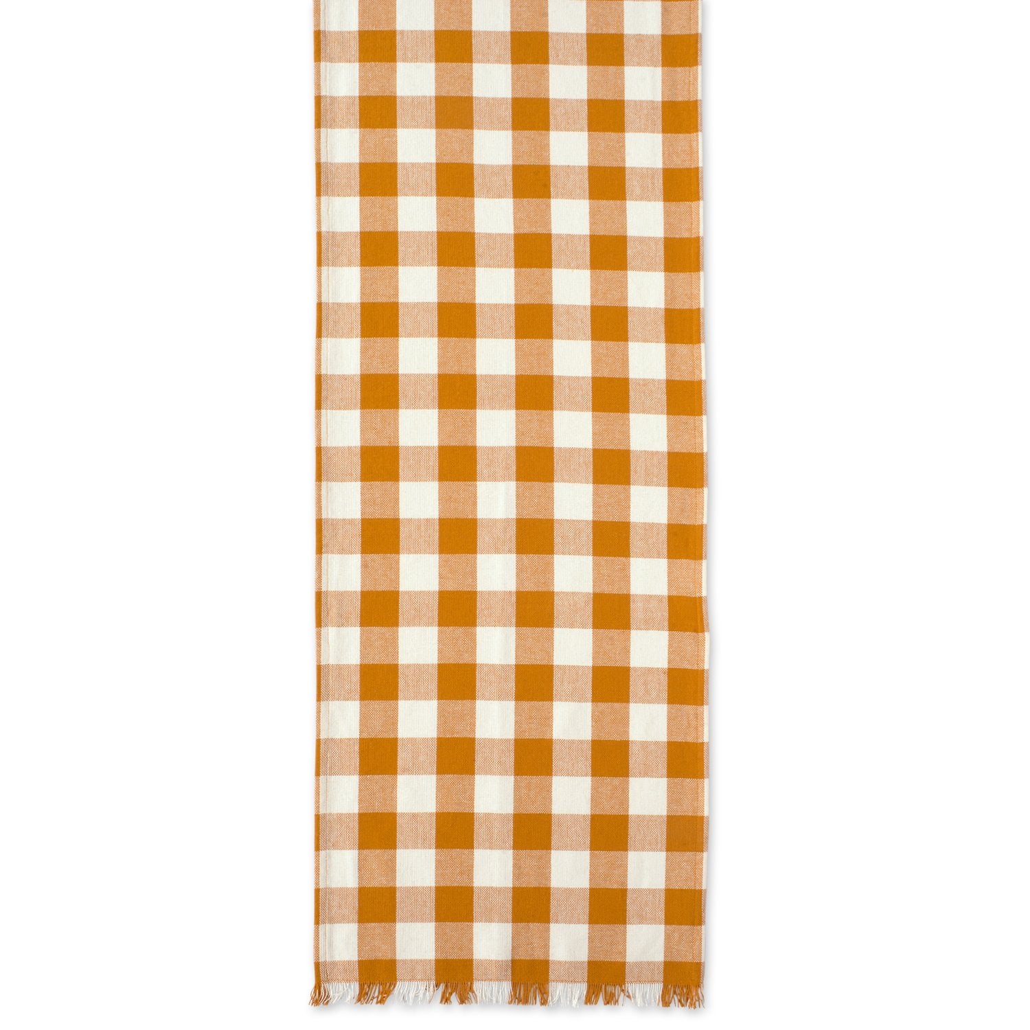 orange checkered fall table runner with fringe detail