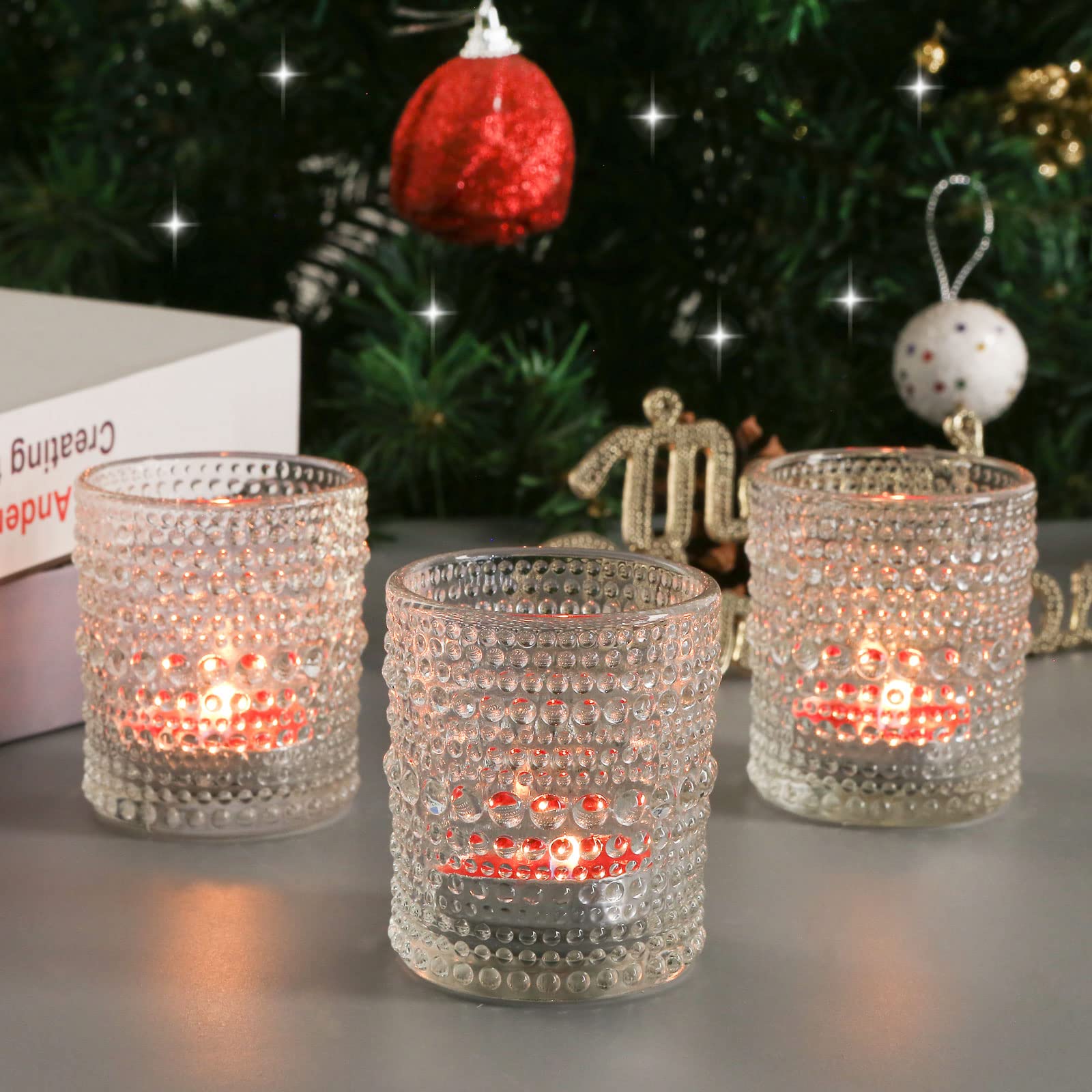Christmas tea candle holder ribbed glass
