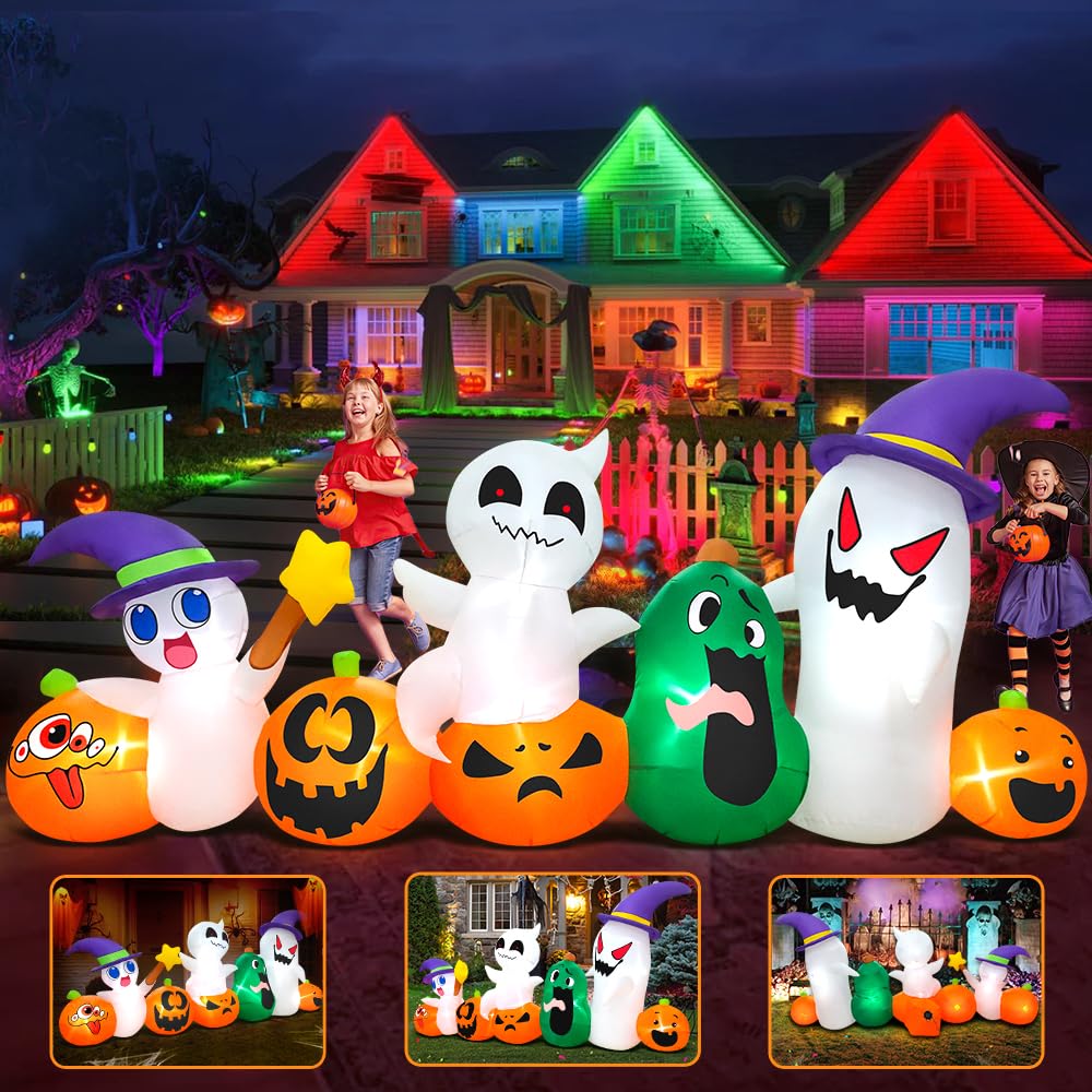 Halloween Inflatable Ghosts Pumpkins Witch Hats Front back and corner view
