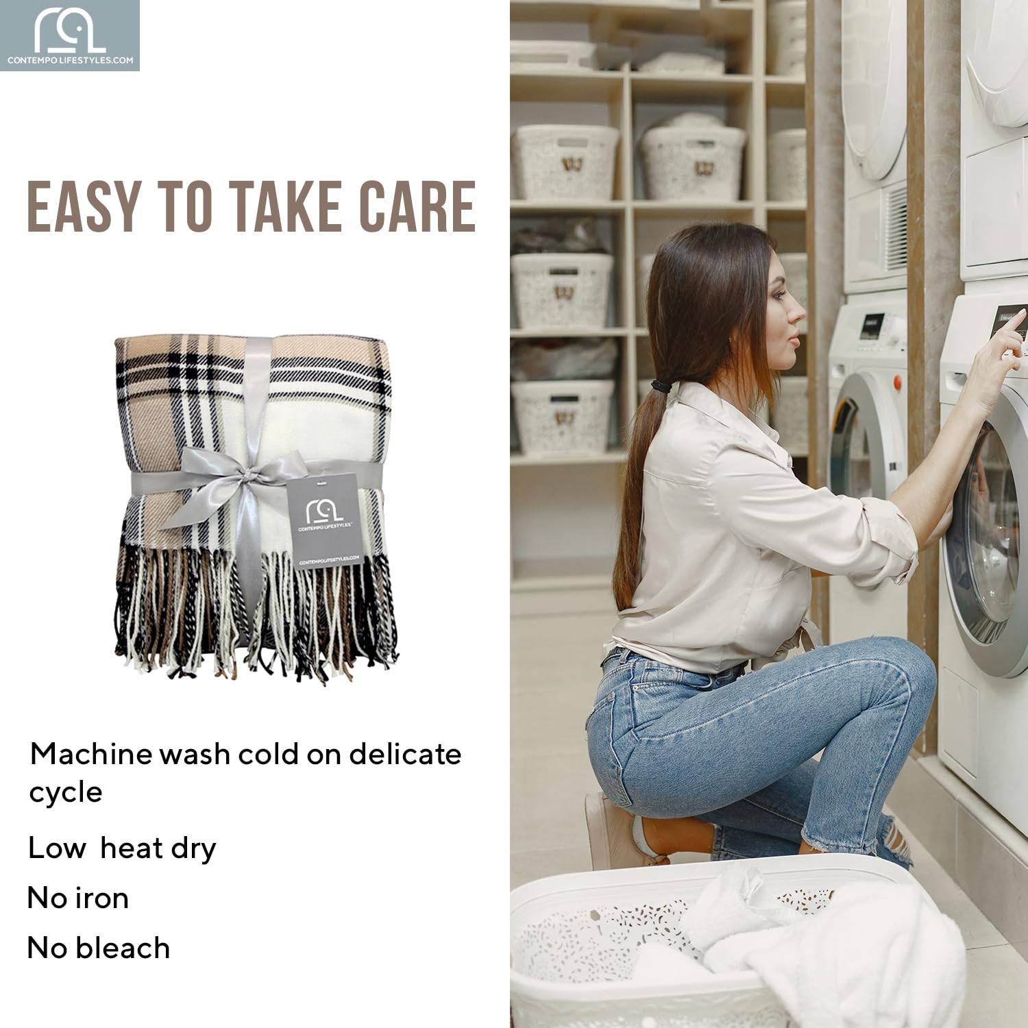 Ivory buffalo plaid throw blanket features