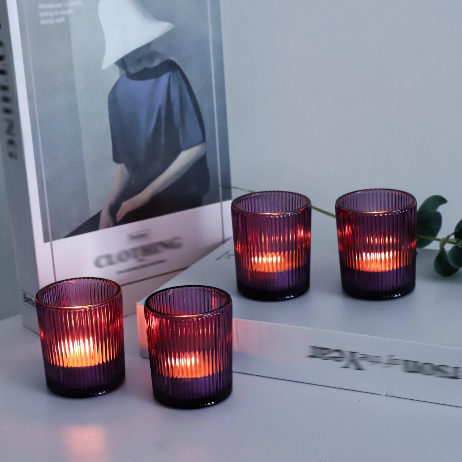 12pcs Purple Ribbed Votive Candle Holders