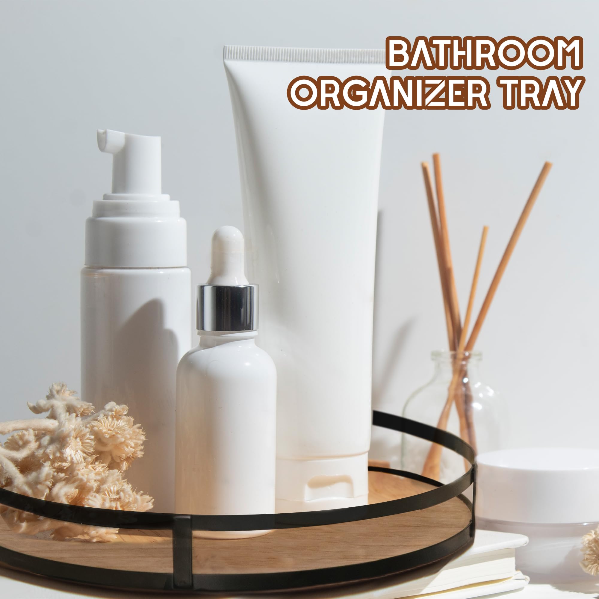 wood with metal frame bathroom organizer tray