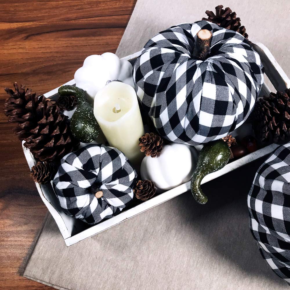 wood basket with black white plaid pumpkins