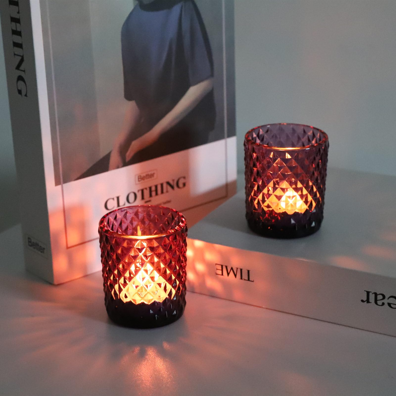 12pcs Purple Vintage Glass Diamond Pattern Votive Candle Holders