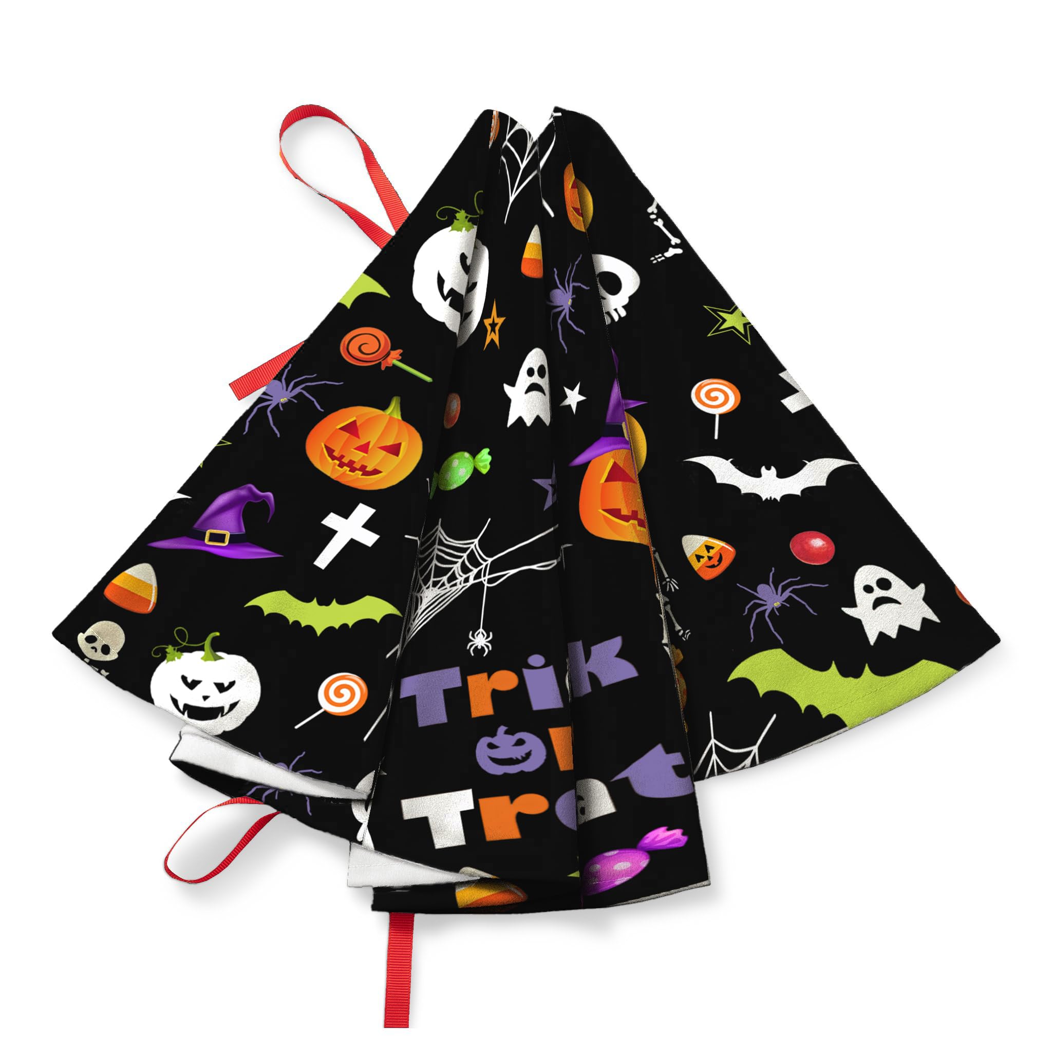 Halloween tree skirt with pumpkins, ghosts, candy, bats, trick or treat