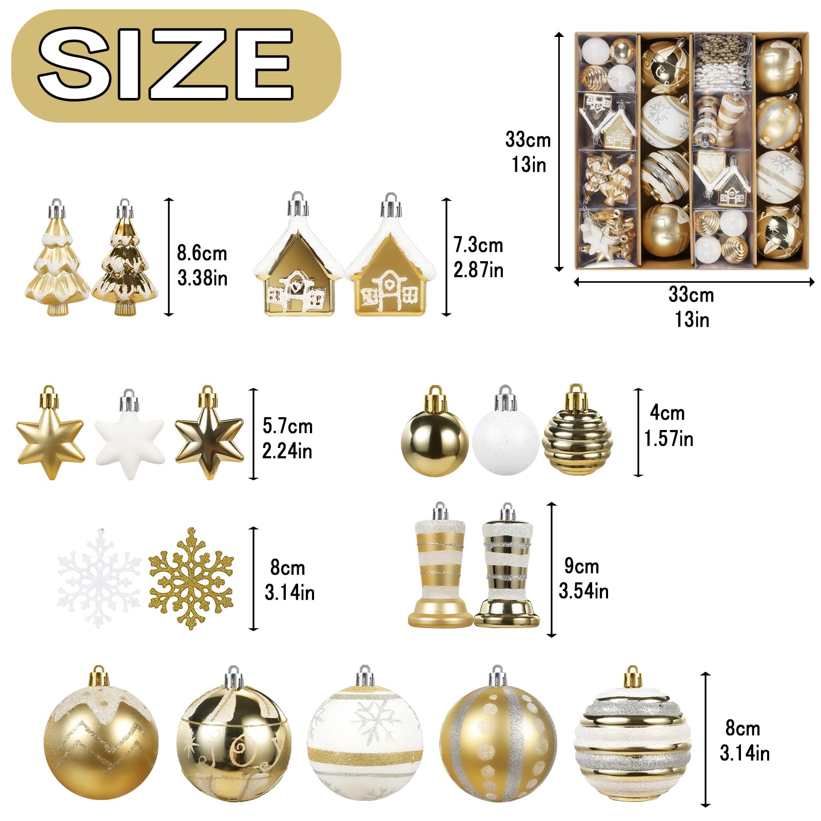 60ct White & Gold Assorted Ornaments Size and Designs