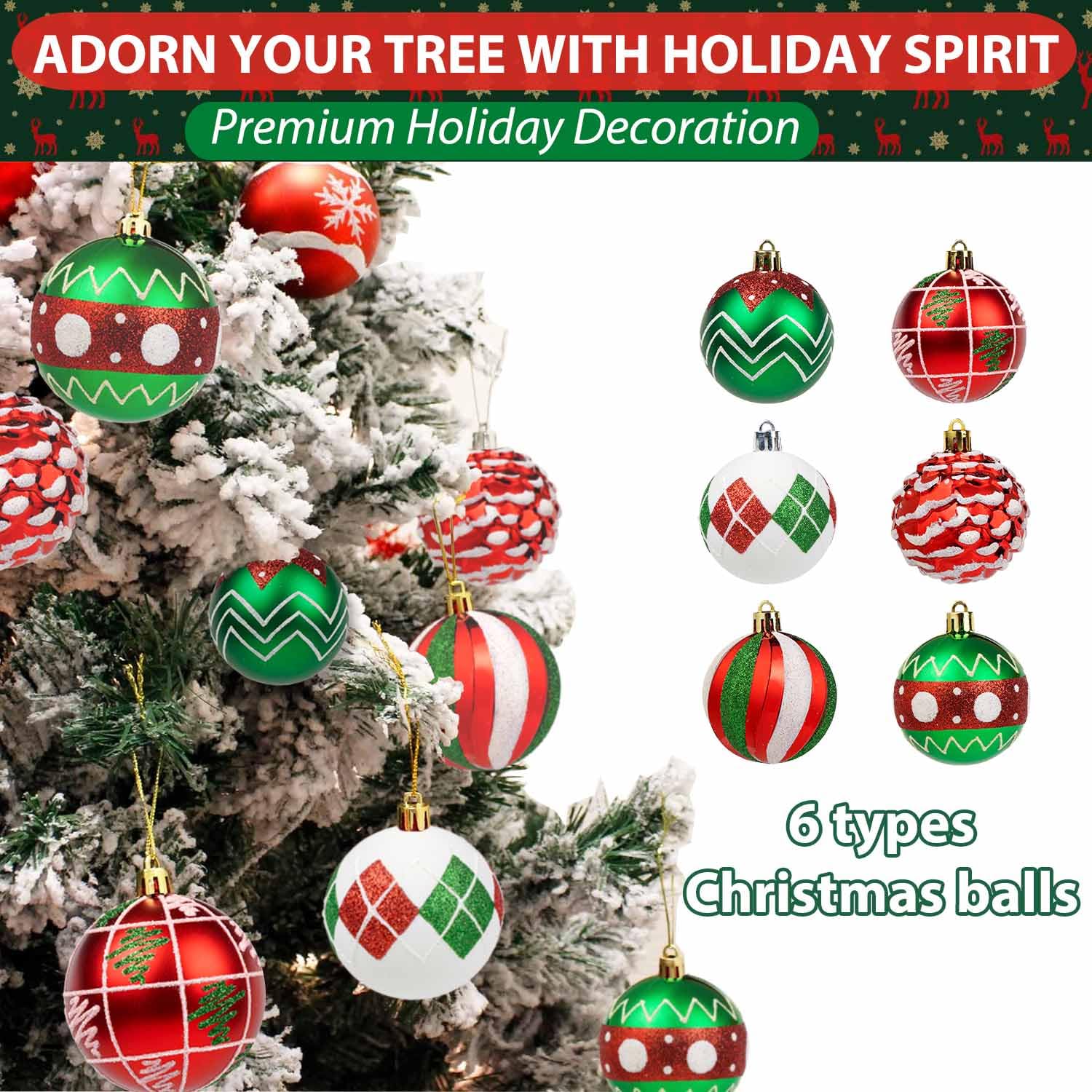 Holiday decoration red green white ornaments 6 types
