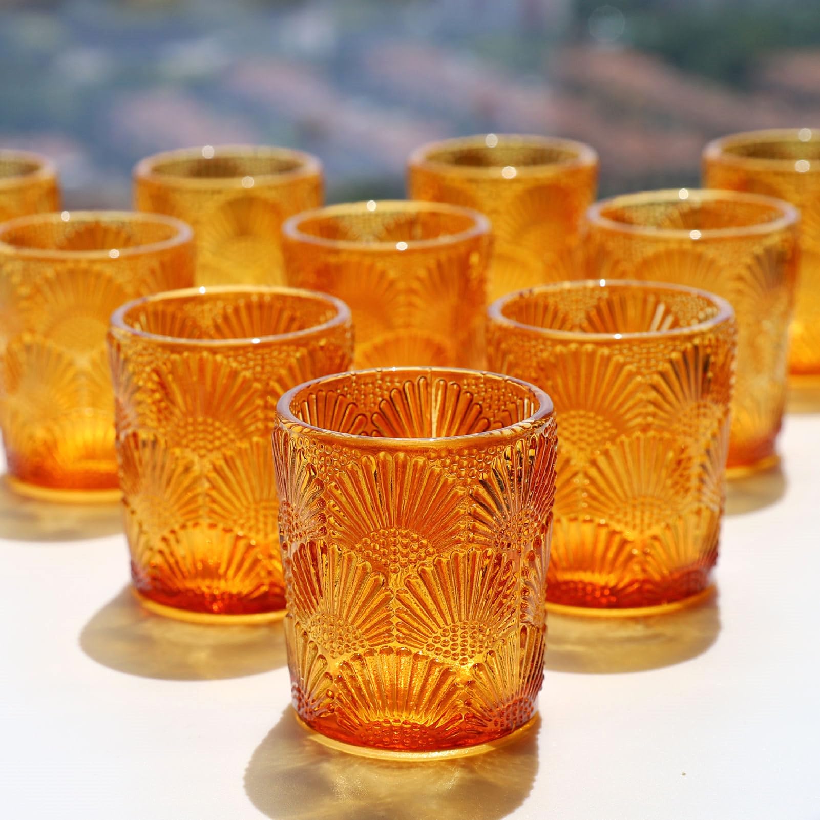 12Pcs Amber Embossed Design Glass Votive Candle Holders