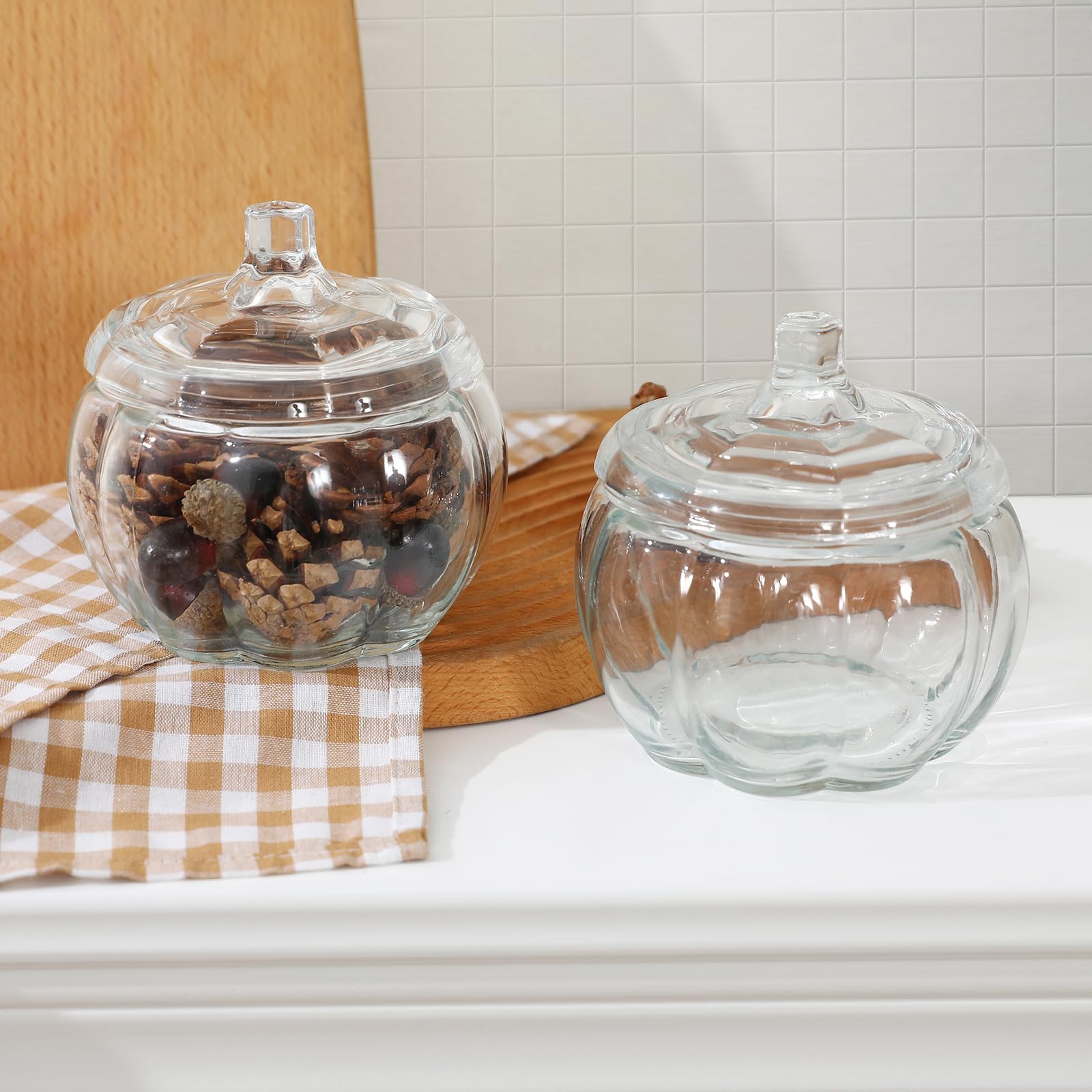 2 PCS Glass Pumpkin Jars with Lid Halloween Candy Storage