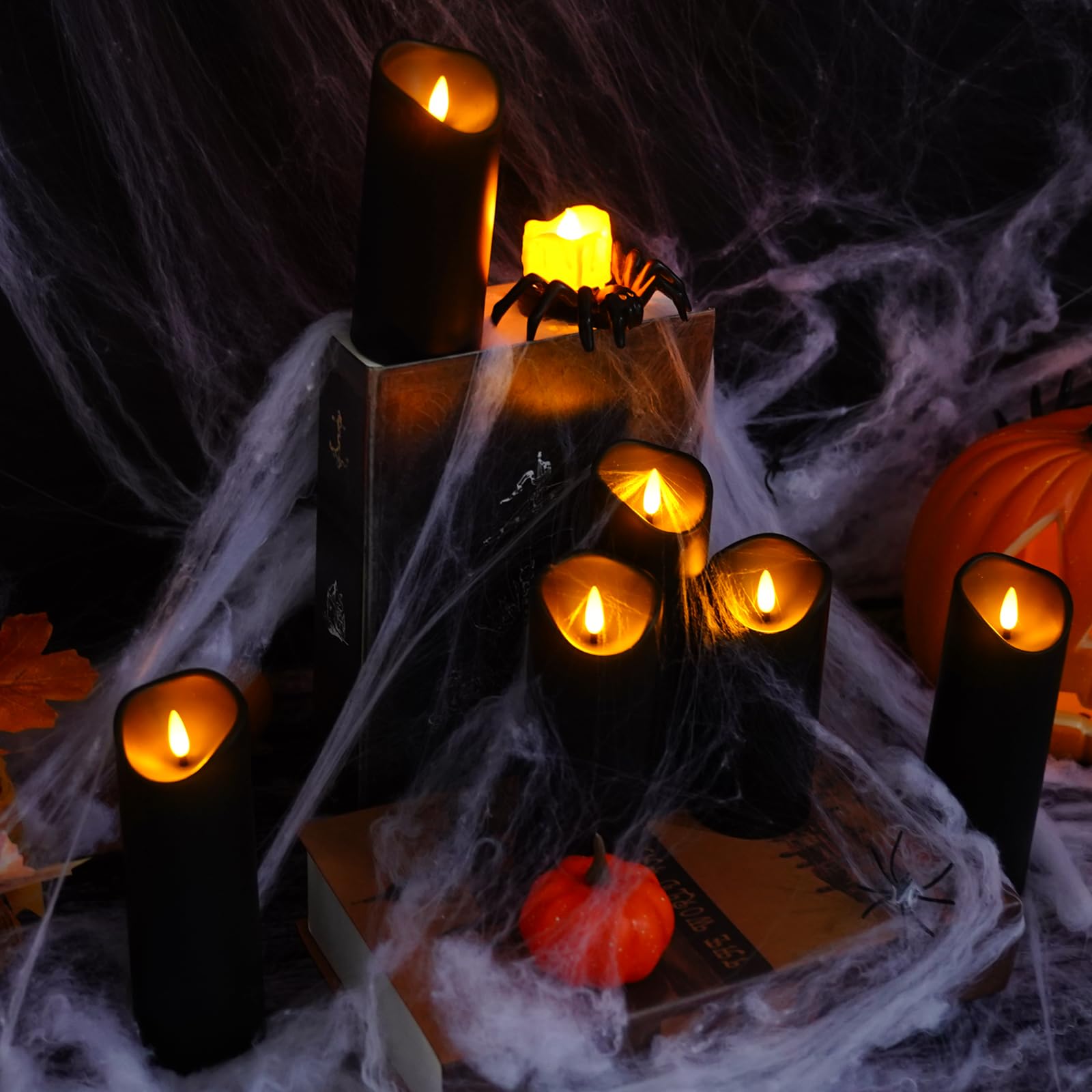 Set of 9 Black Flickering Flameless Candles Halloween Decor