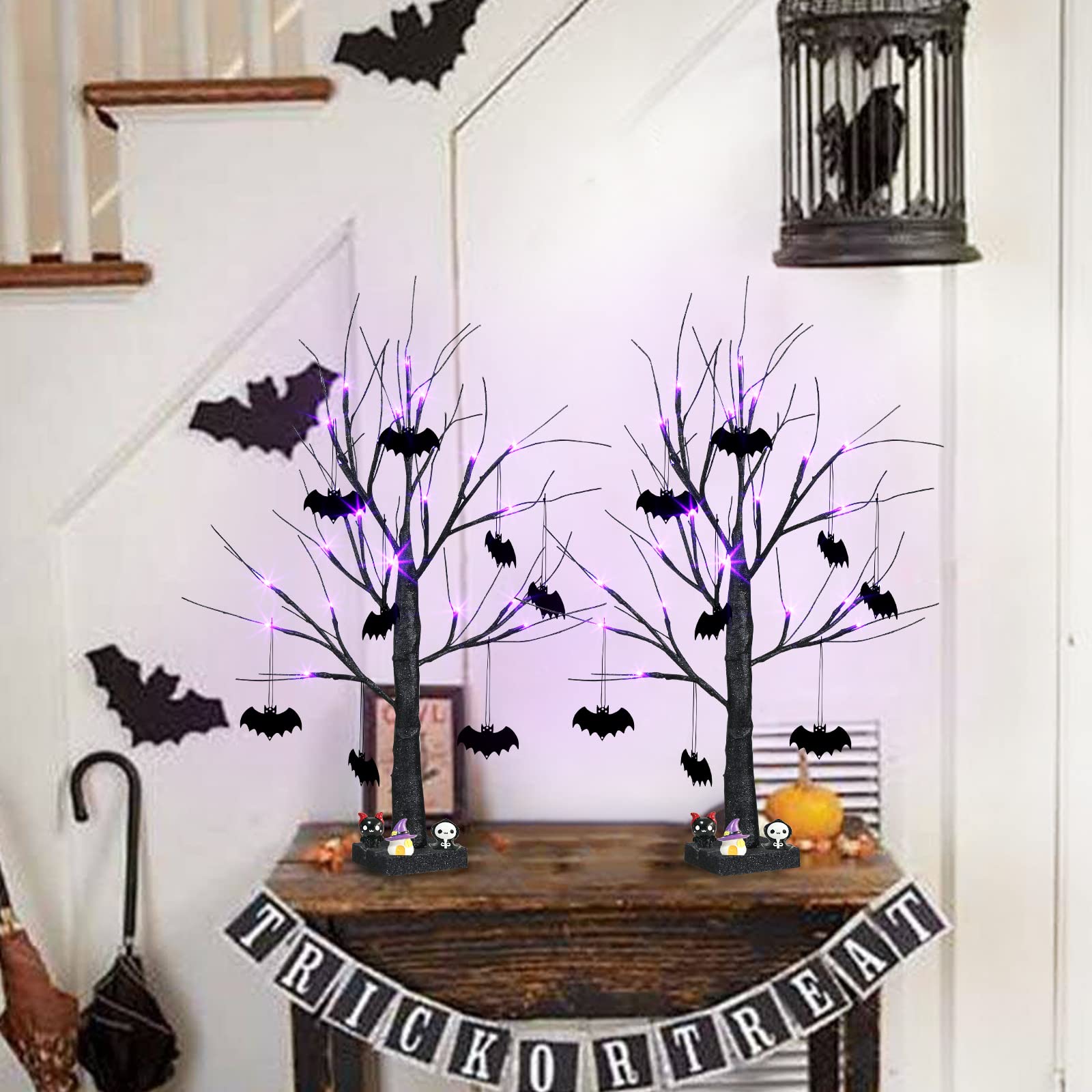 2FT Black Halloween Tree with Purple Lights and Bat Ornaments