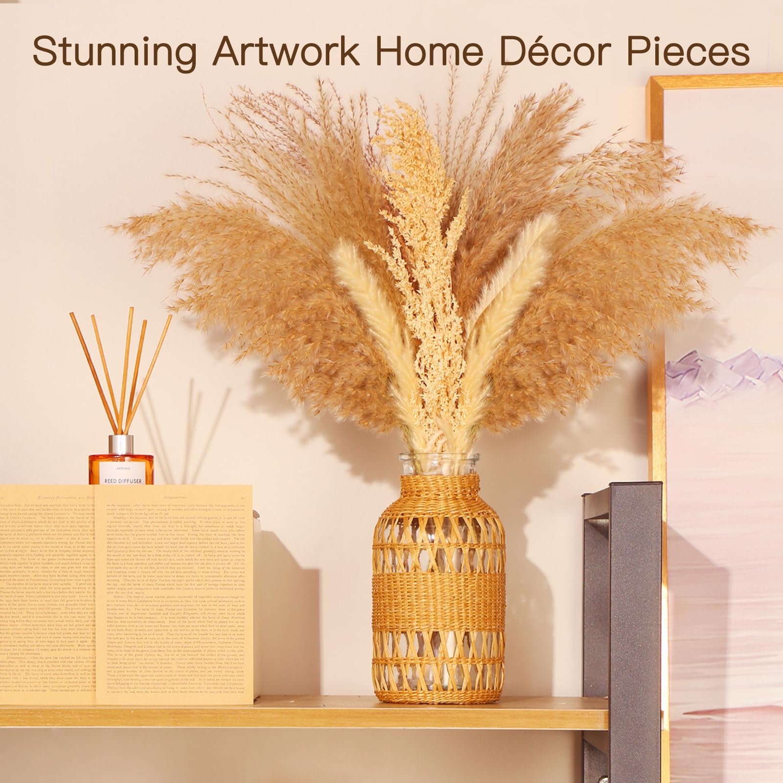 fall decor - natural woven detail on glass vase with pampas grass display