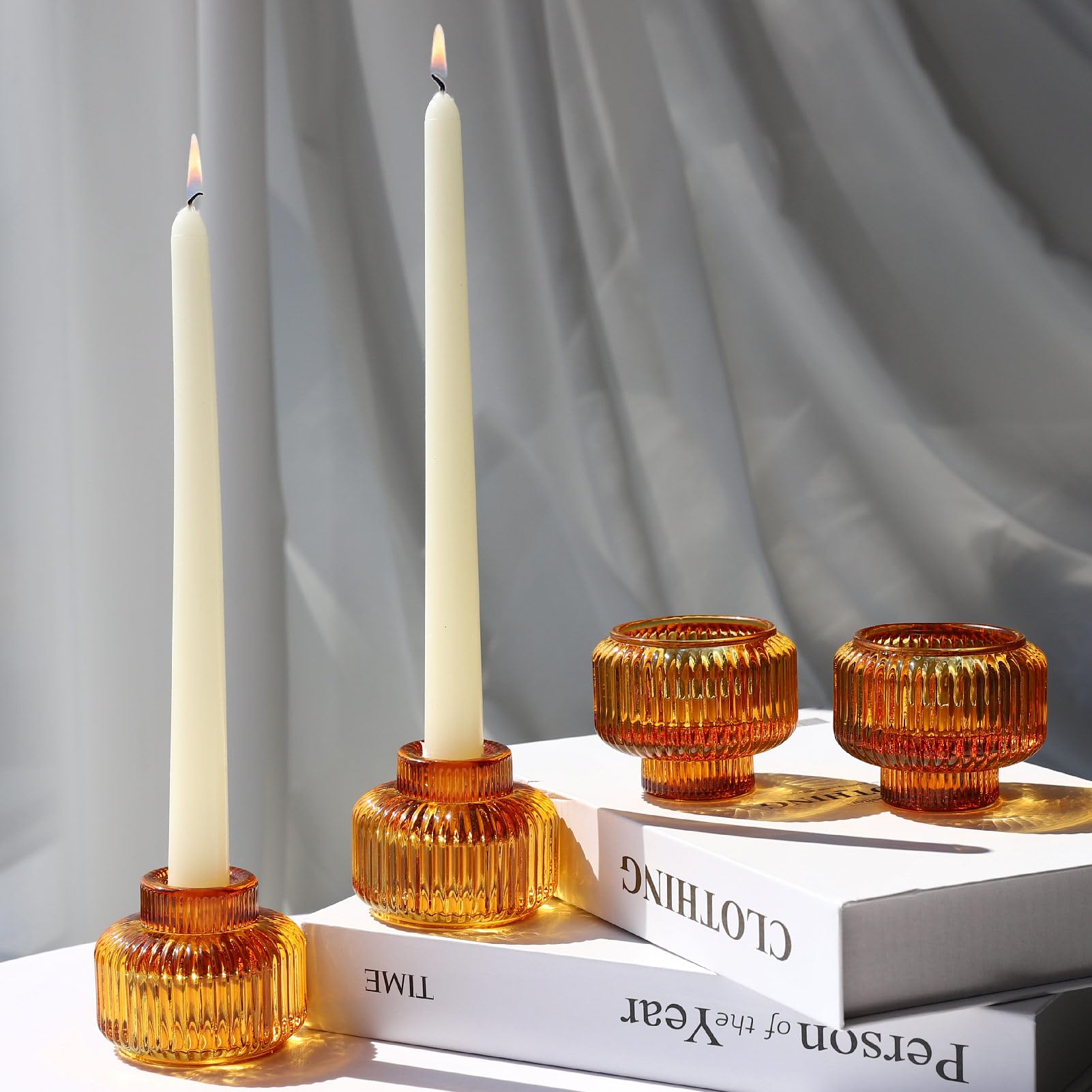 Set of 4 Amber Votive Candle Holders, Candlestick Holders