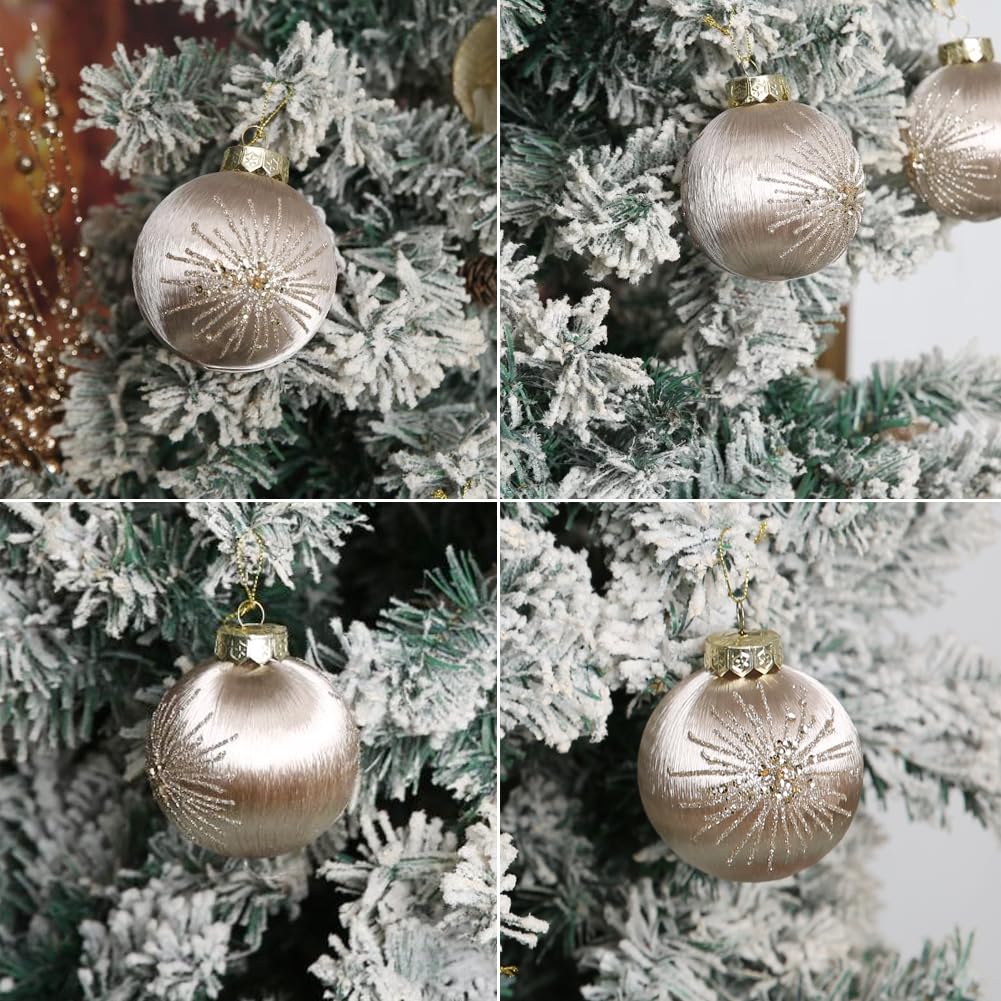 Christmas ornaments close-up on frosted fake tree branch