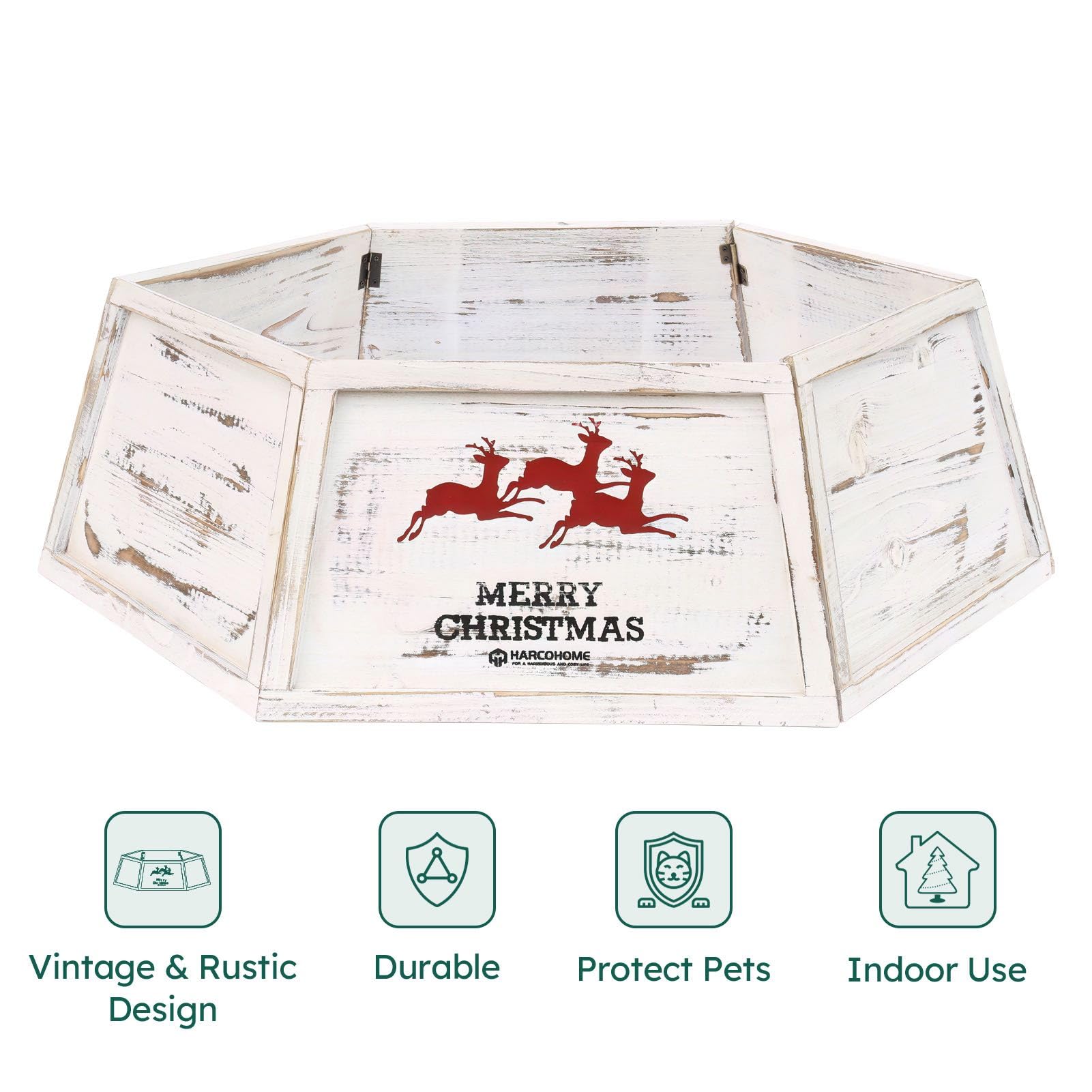 Distressed White Wood Christmas Tree Collar Features