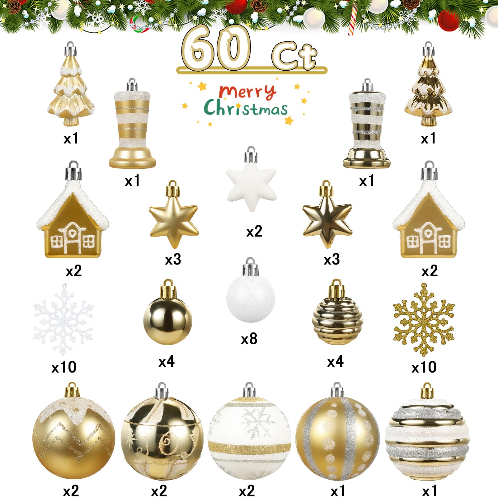 60ct White & Gold Assorted Christmas Ornaments Set