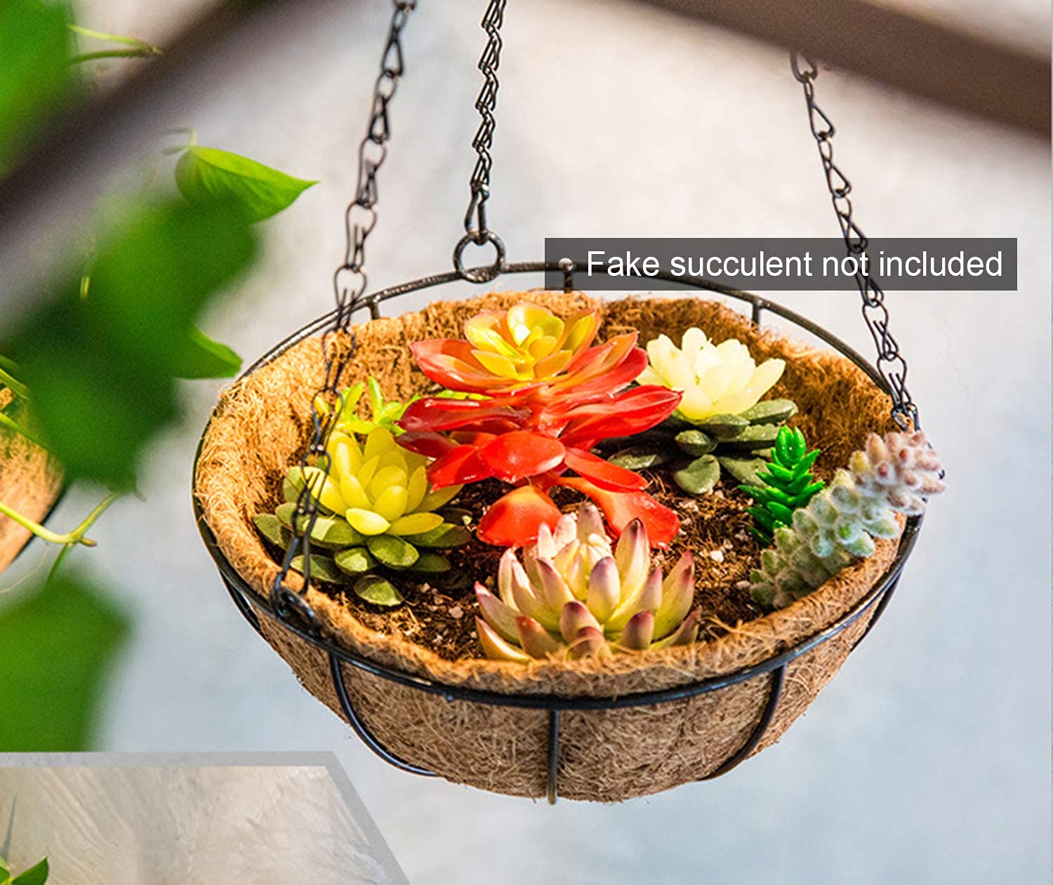 Hanging basket with colorful artificial succulents on a neutral background