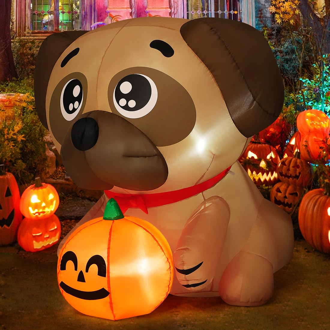 5 FT Pug Holding Pumpkin Inflatable with Built-in LEDs