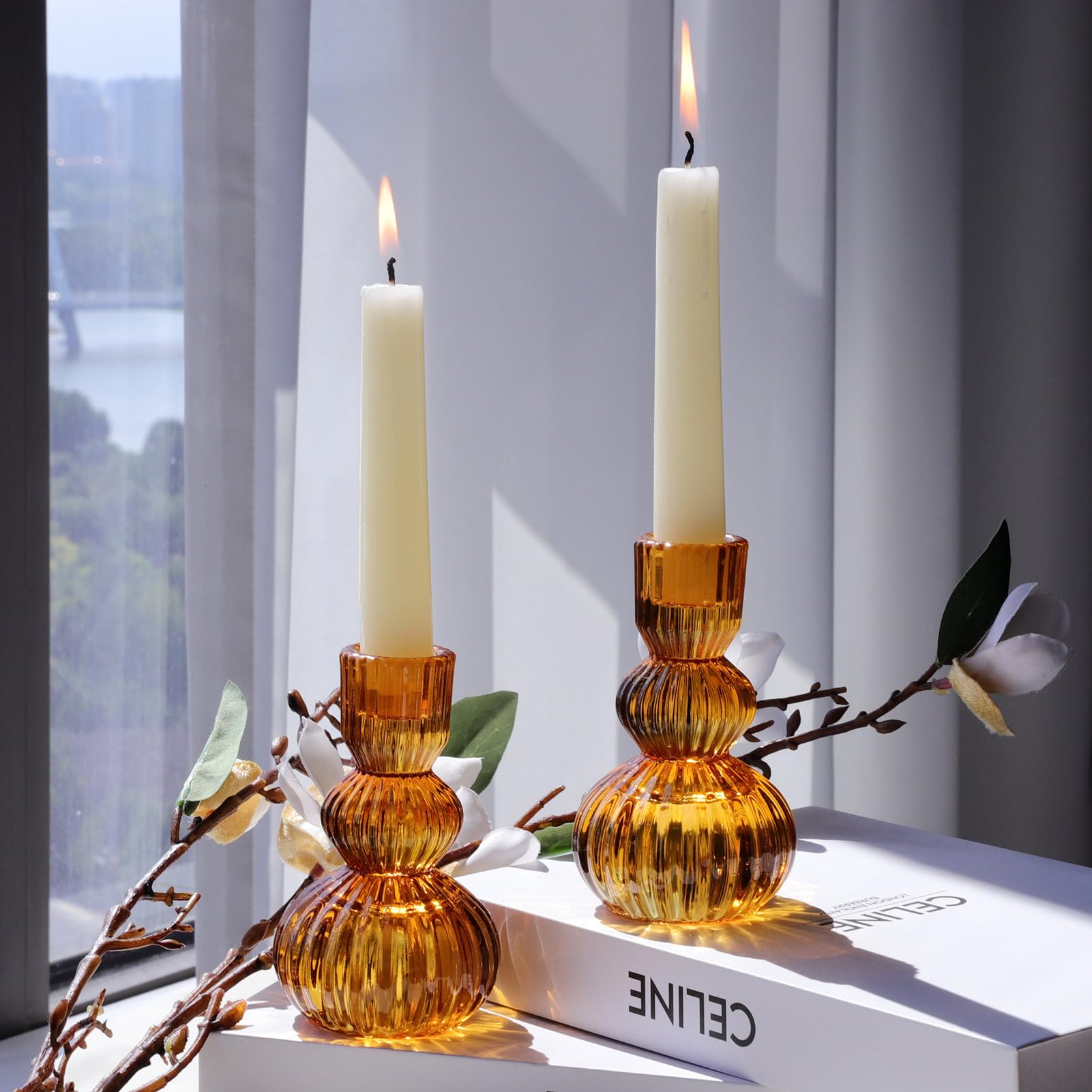 amber glass candle holders vintage ribbed