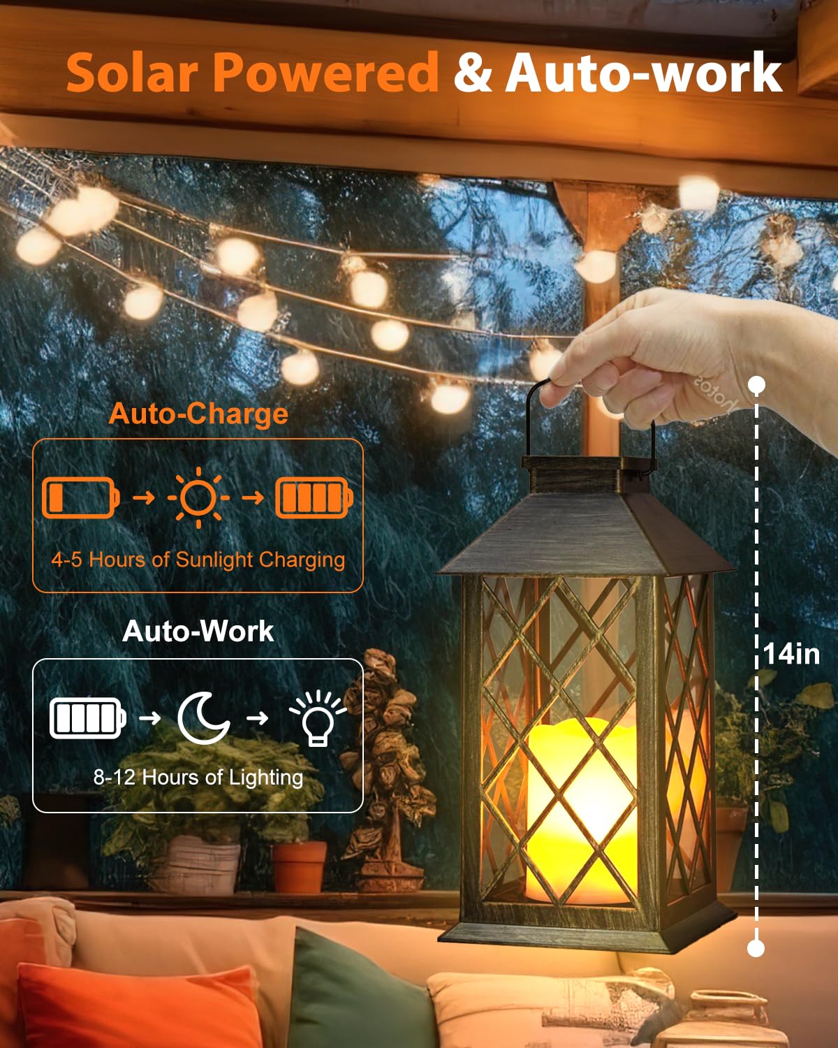 Solar-powered lantern with auto-charge and auto-work features, shown outdoors.