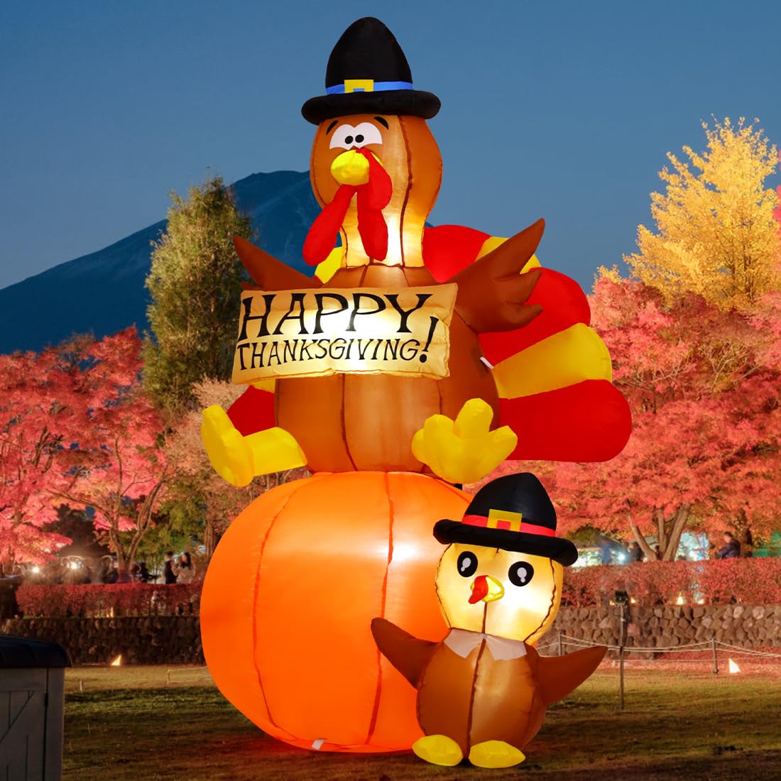 Thanksgiving turkey and turkey baby in pilgrim hats inflatable