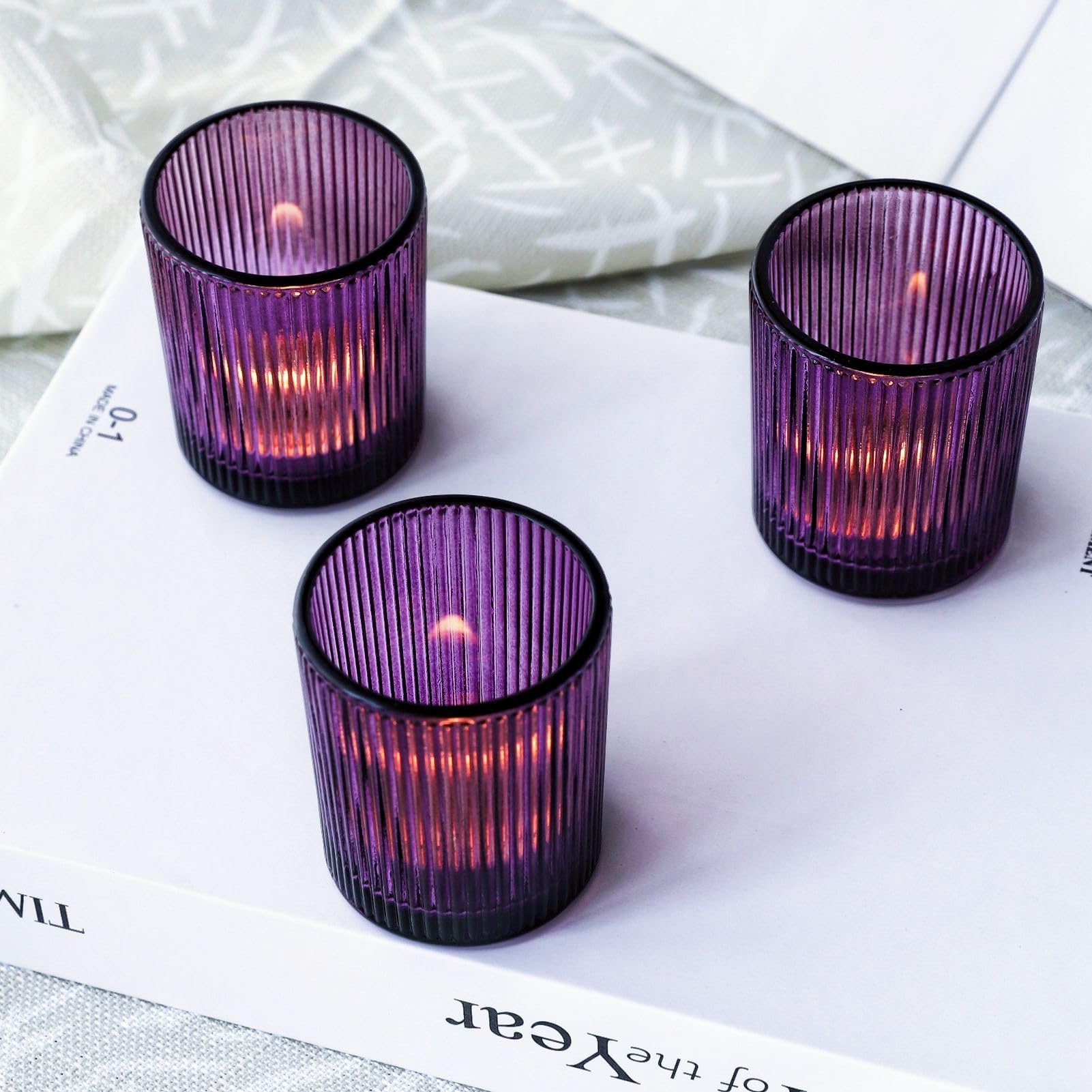 12pcs Purple Ribbed Votive Candle Holders