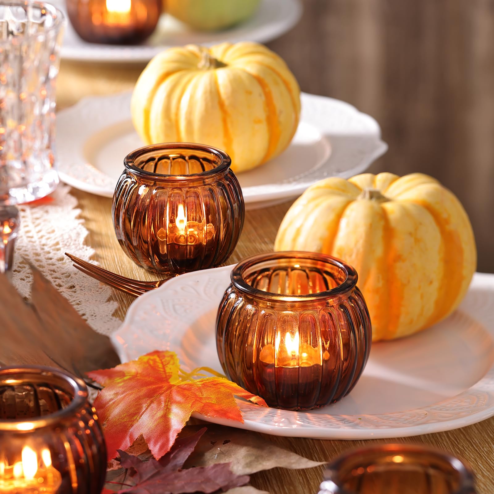 Autumn table decor glass votive candle holder