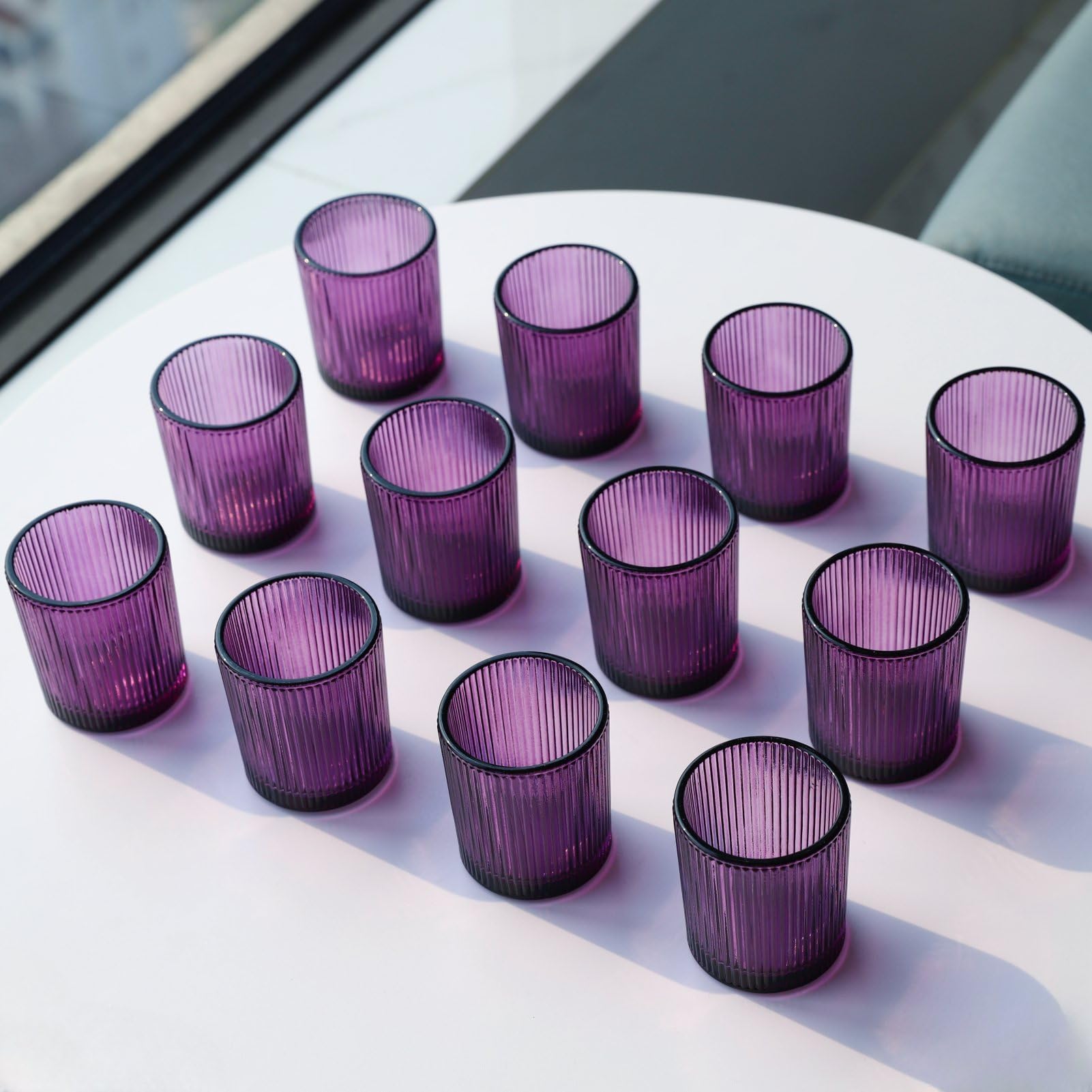 12pcs Purple Ribbed Votive Candle Holders