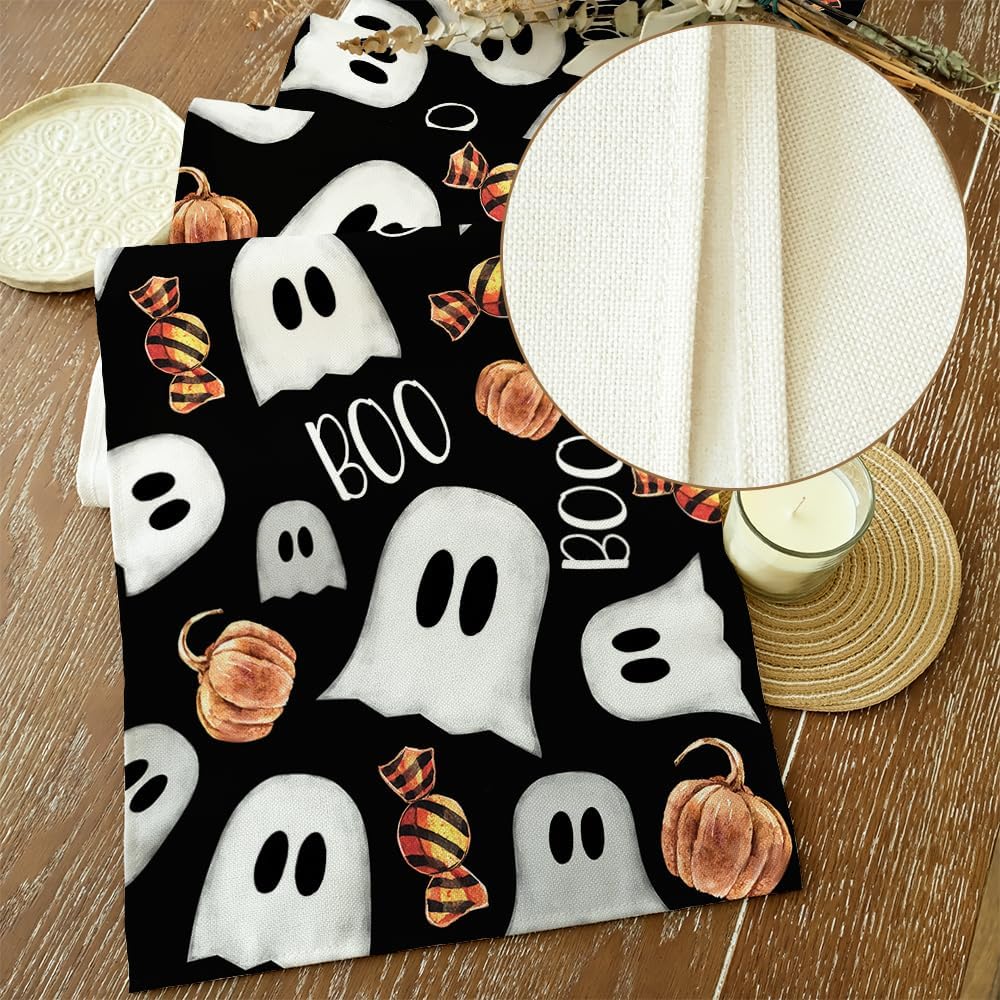 Halloween Table Runner with Ghosts, Pumpkins, Candy, Boo