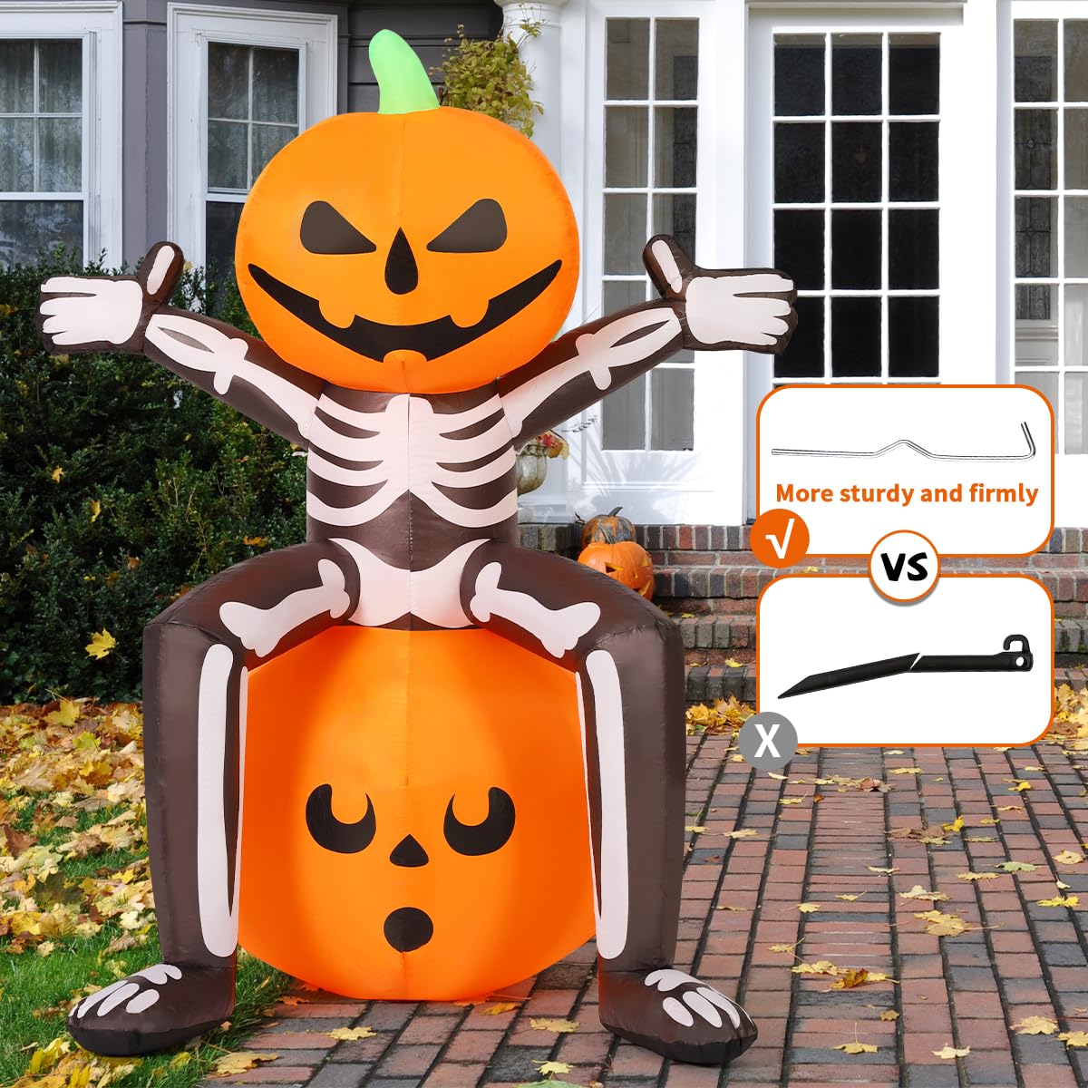 5FT Skull Skeleton Pumpkin Head with Built-in LEDs Inflatable Features