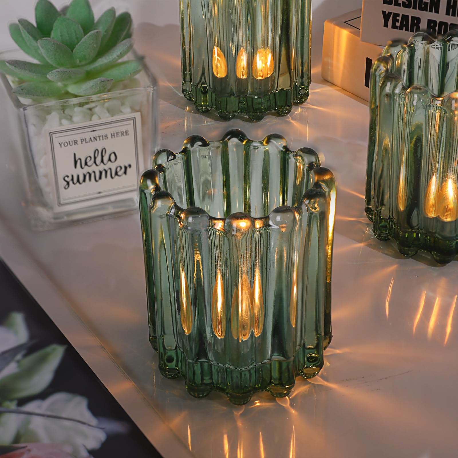 Green Glass Christmas Candle Holder 6 Piece Set