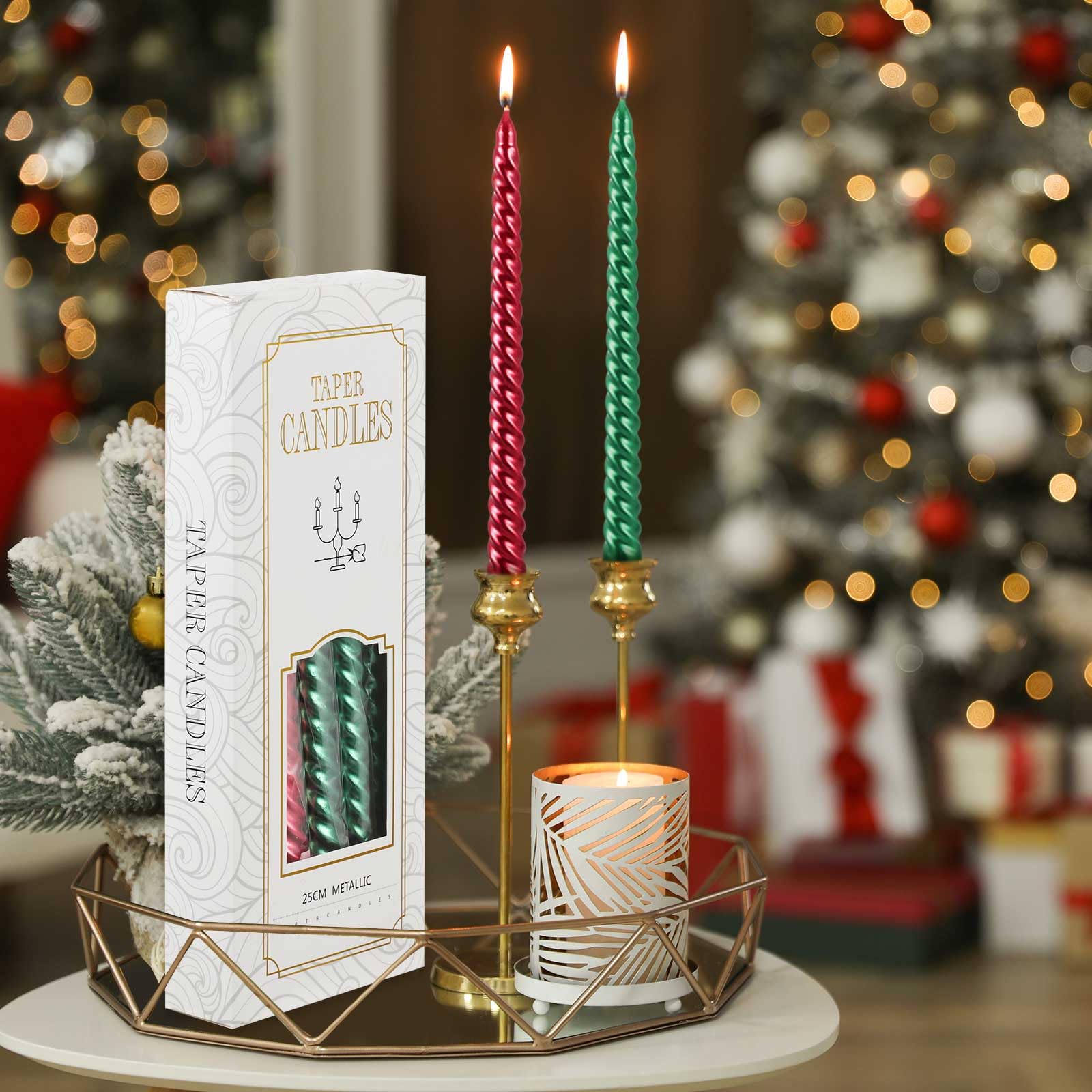 red green taper candles lit in holders